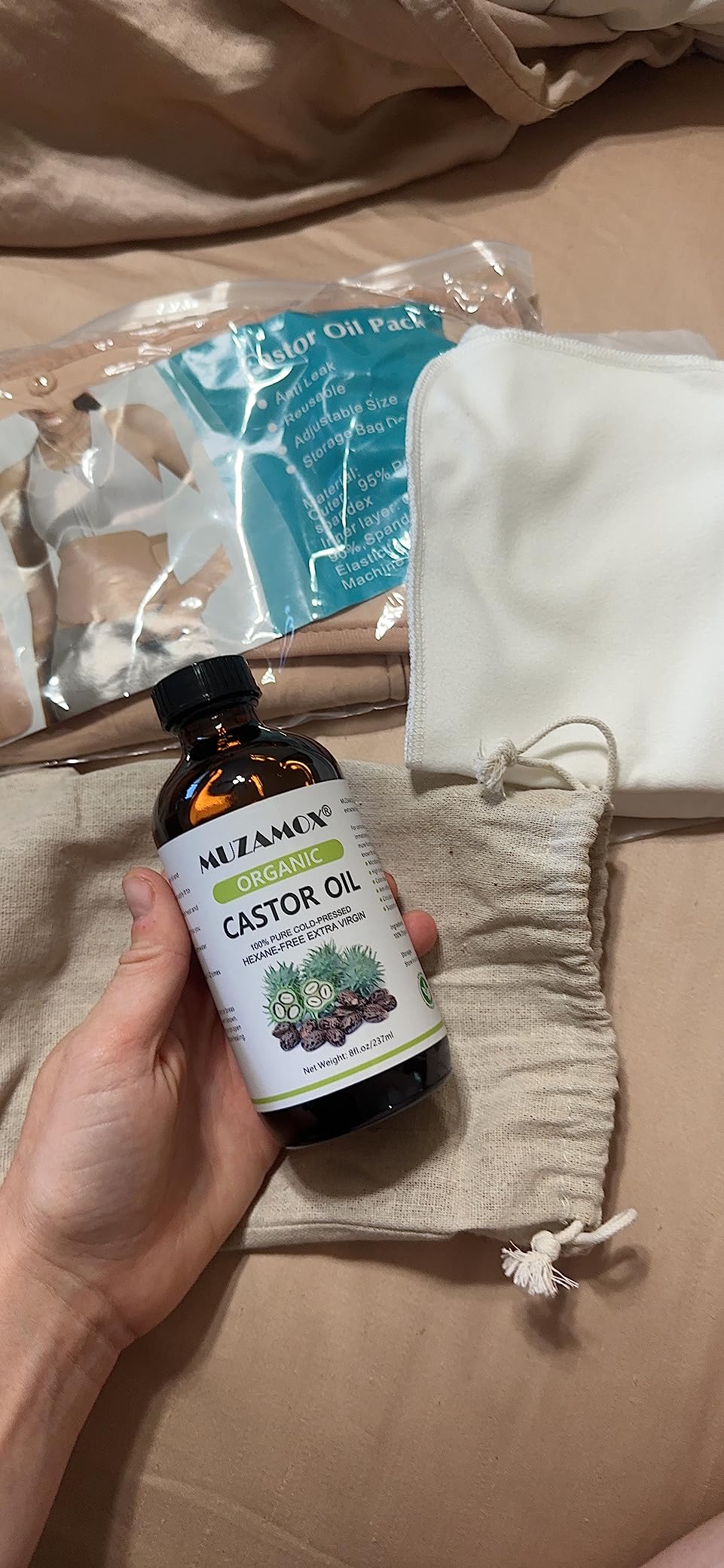 MUZAMOX Castor Oil Pack Wrap & 8fl.oz Glass Bottle Set, Organic Cold-Pressed Unrefined Castor Oil Included customer photo 2