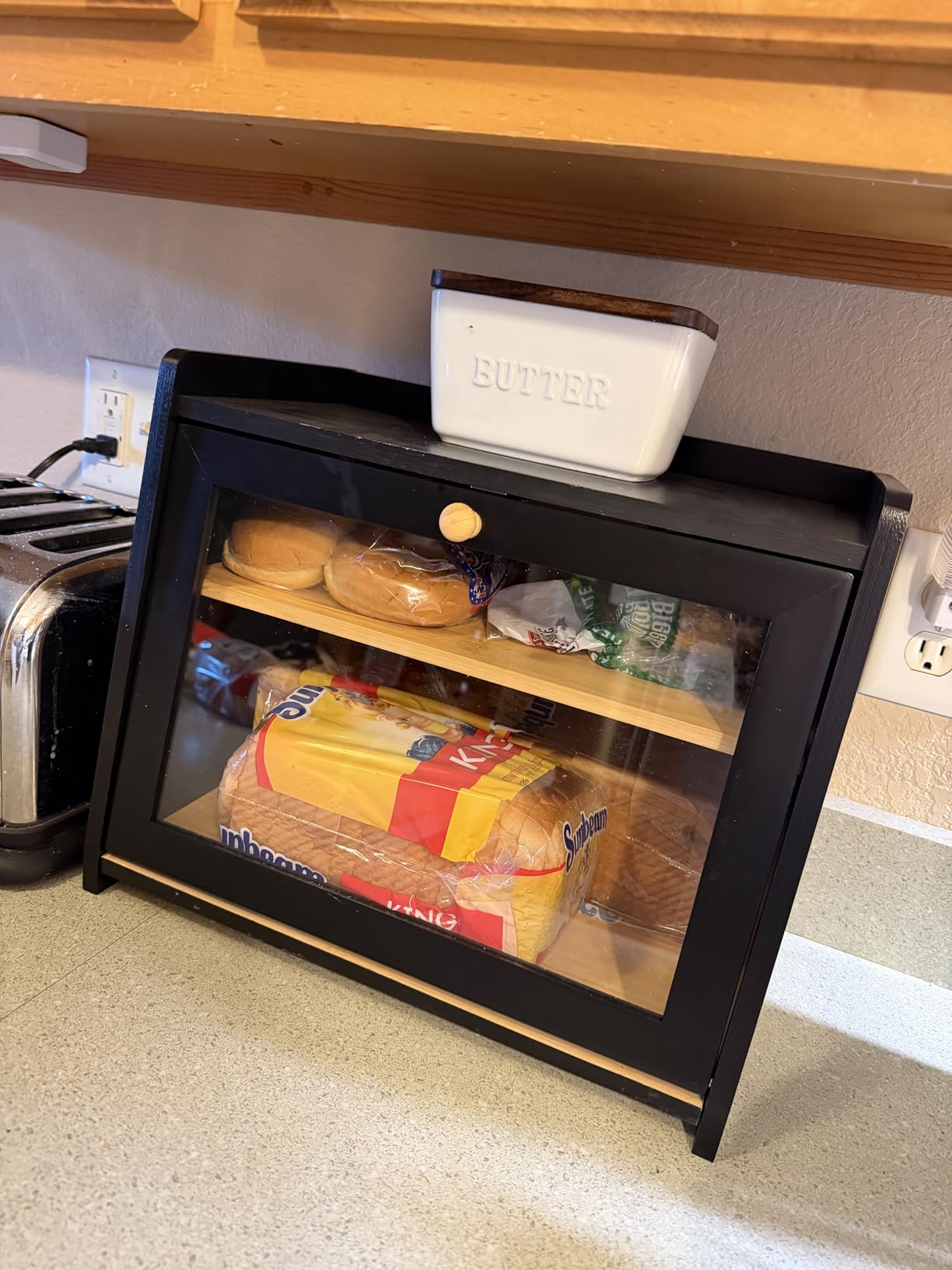 Goozii Double Layer Bread Box for Kitchen Countertop, Large Bread Storage Container for Counter Top, 2 Tier Wood Farmhouse Vintage Breadbox for Homemade Bread, Corner, Cabinet, Pantry (Black) customer photo 2