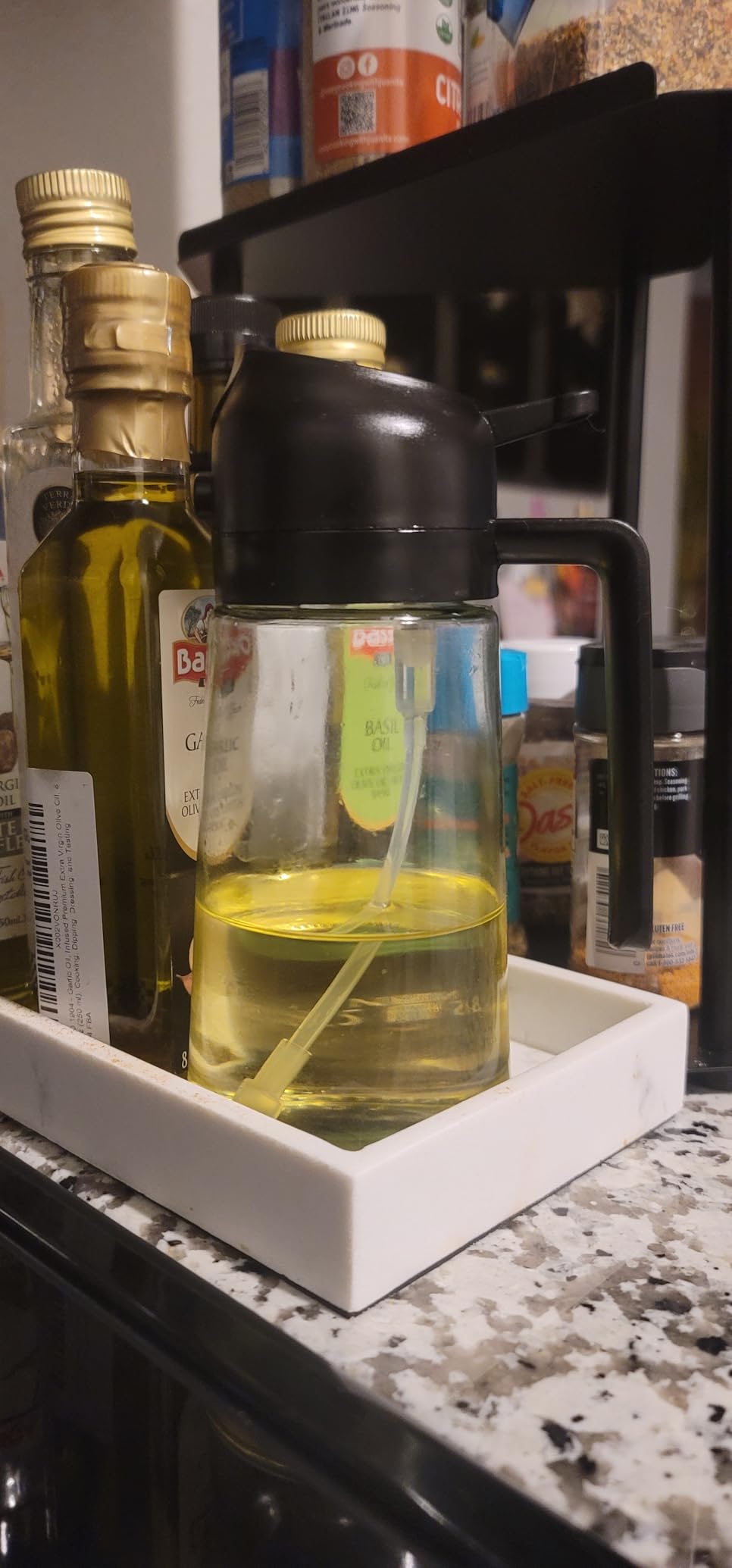 TrendPlain 16oz/470ml Glass Olive Oil Sprayer for Cooking - 2 in 1 Olive Oil Dispenser Bottle for Kitchen Gadgets and Air Fryer Accessories, Salad, BBQ - Black customer photo 1