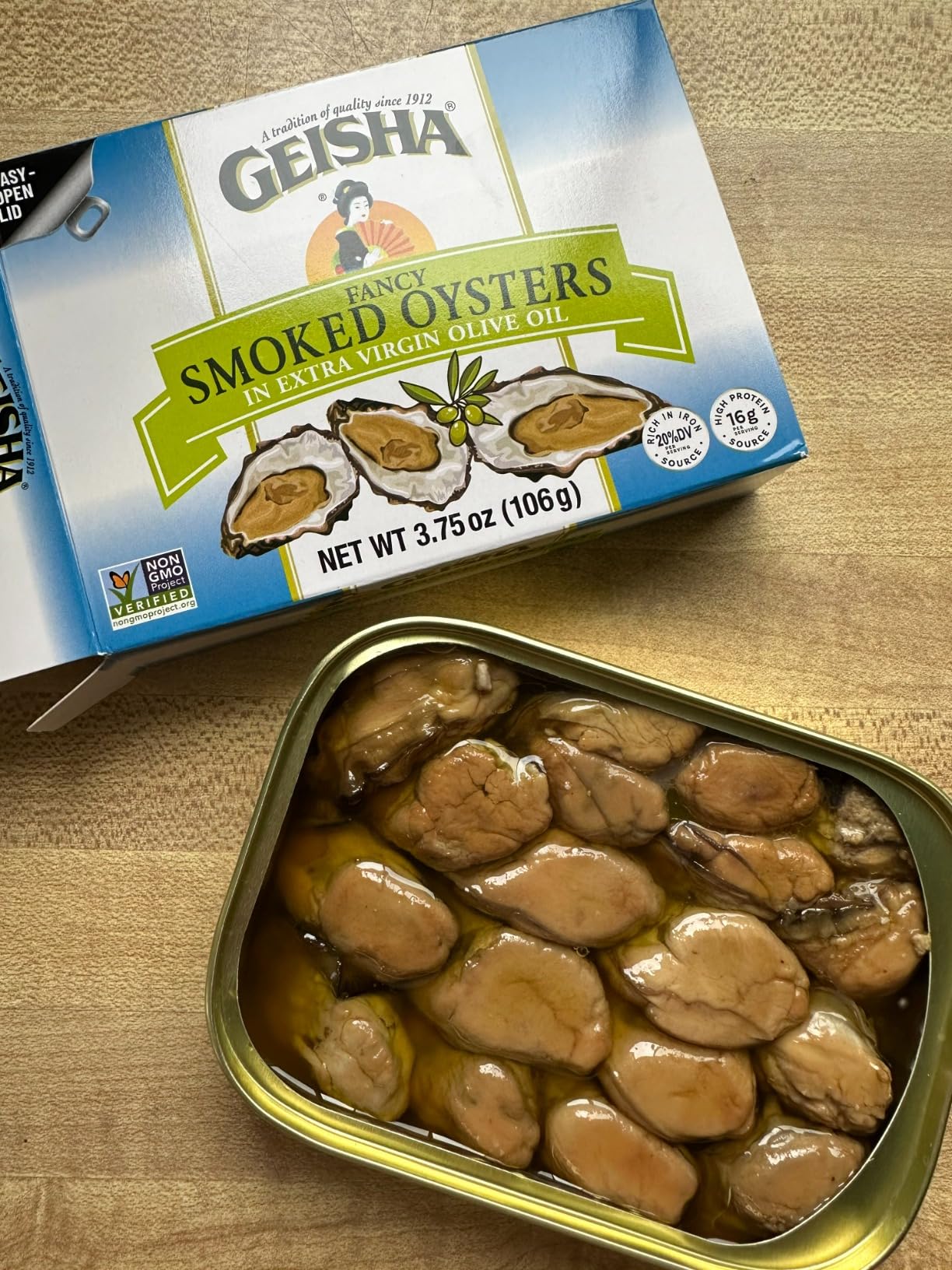 GEISHA Smoked Oysters in Extra Virgin Olive Oil 3.75oz (Pack of 12) | Zero Trans Fat - No Sugar Added - Rich in Iron - Gluten Free - NON-GMO Project Verified customer photo 1