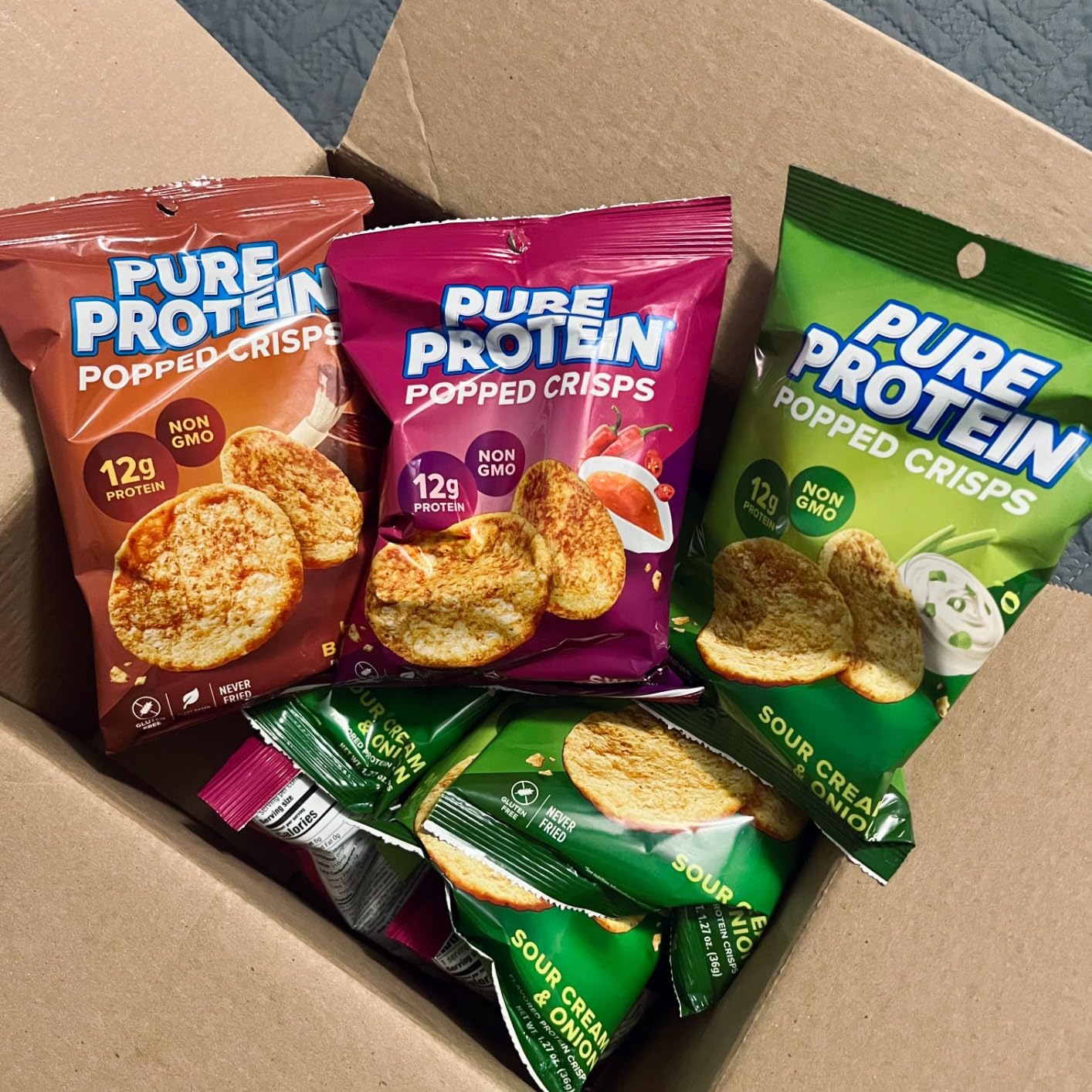 Pure Protein Popped Crisps - Variety Pack: Hickory Barbecue, Sour Cream & Onion, Sweet Chili - 12g Plant Based Protein, Gluten Free, Non GMO, Vegan, Air Popped & Puffed Crisps - Healthy Protein Snacks - 12 Pack customer photo 2