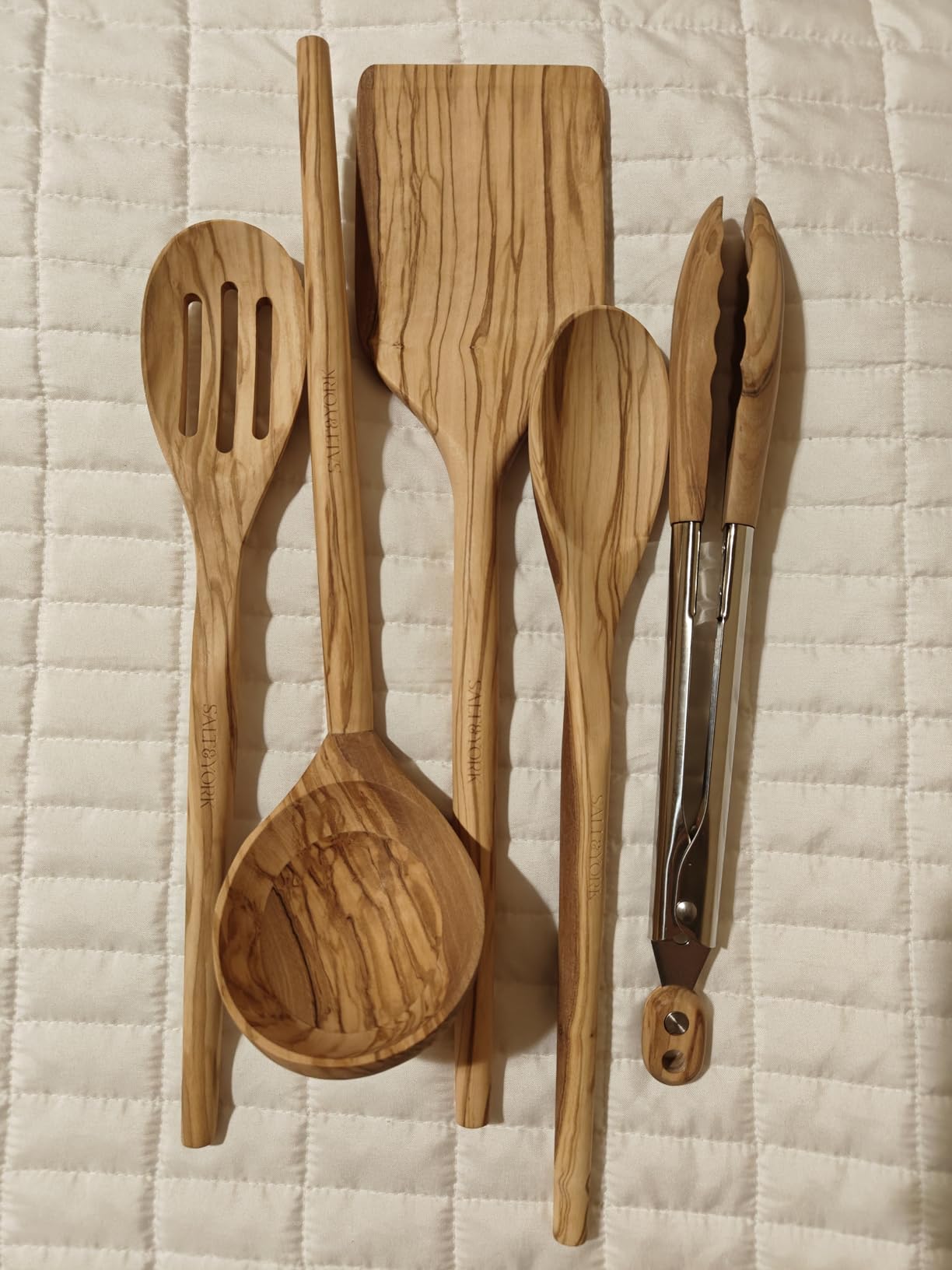 5-Piece Olive Wood Kitchen Utensil Set with Turner, Tongs, Slotted Spoon, Ladle and 12