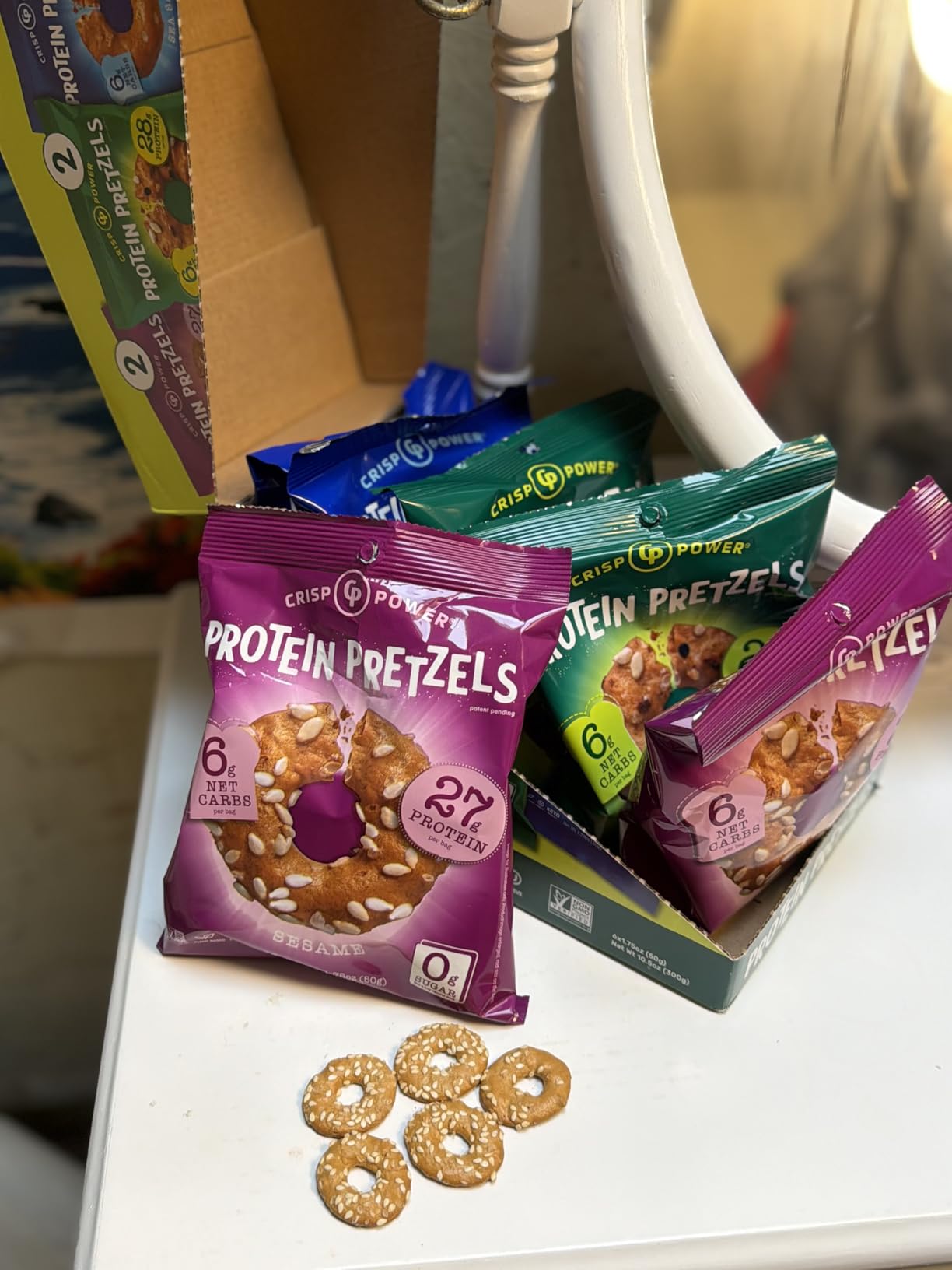 CRISP POWER Protein Pretzels, Variety Pack With Sea Salt, Sesame, & Everything, Up To 28G Protein, High Protein Snack, High Fiber, Low Carb Crunchy Pretzel Snacks, No Added Sugar, 1.75 oz Bags, 6 Pack, Vegan, Keto customer photo 1
