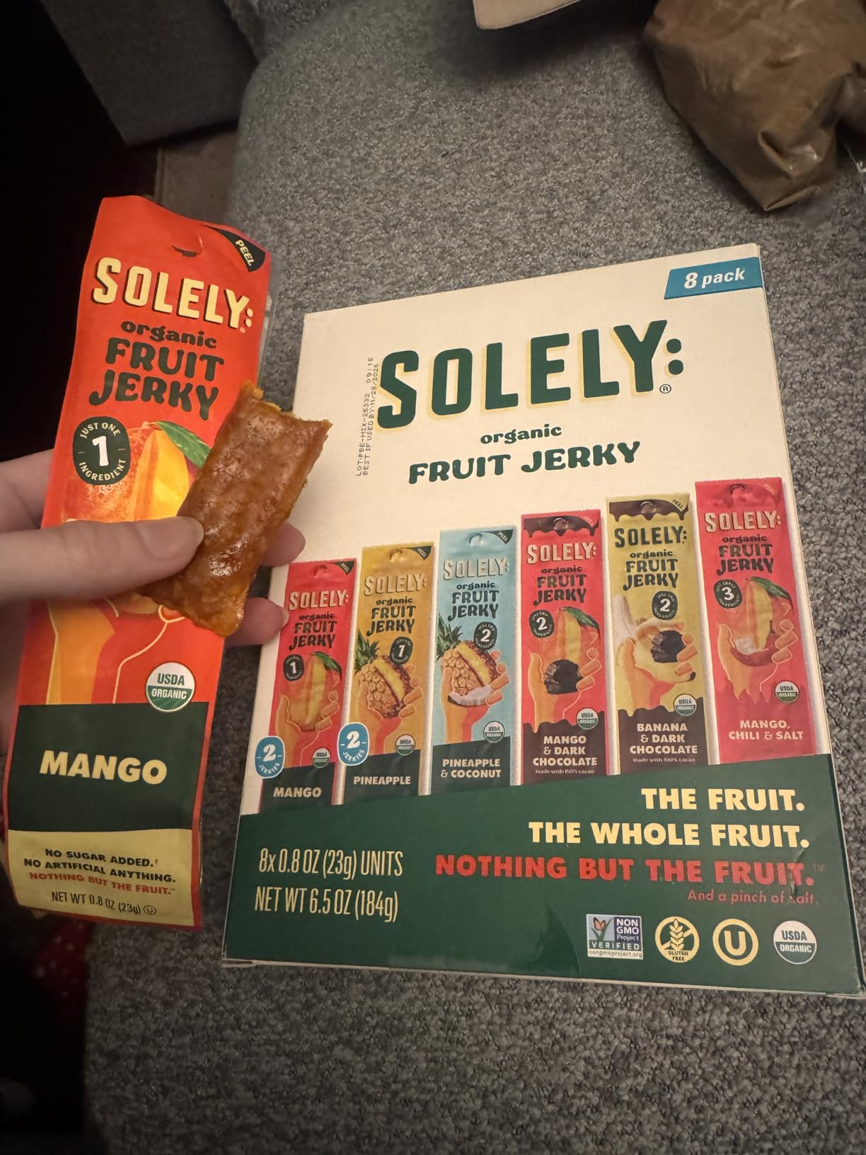 SOLELY Organic Fruit Jerky Variety Pack - 8 Flavors, 8 Individually Wrapped Fruit Strips - Fruit Leather - Healthy Snacks for Adults & Kids - Non GMO, Vegan - 0.8oz customer photo 1