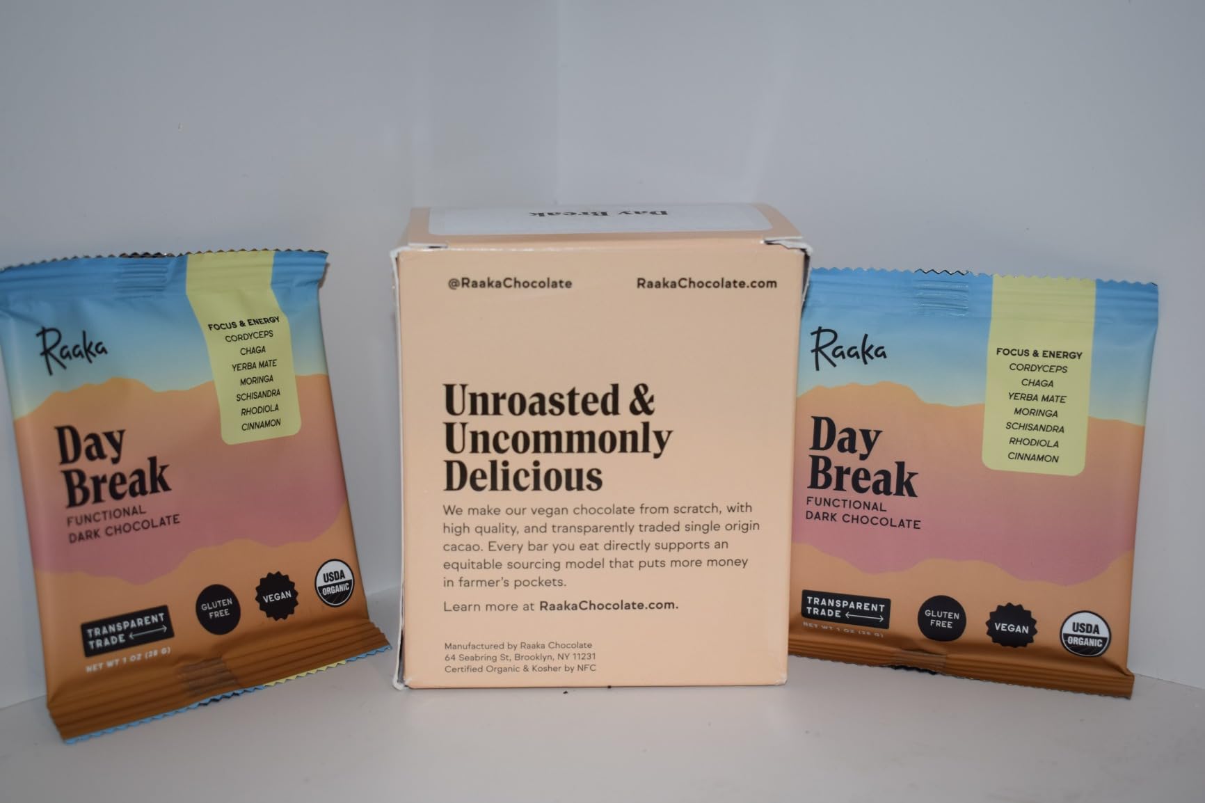 Raaka Functional Mushroom Chocolate | Day Break - Focus & Energy | 63% Cacao Dark Chocolate, Yerba Mate, Cordyceps Mushrooms, Chaga | Vegan, Organic, Gluten-Free | 10 Adaptogen Chocolate Bars customer photo 2