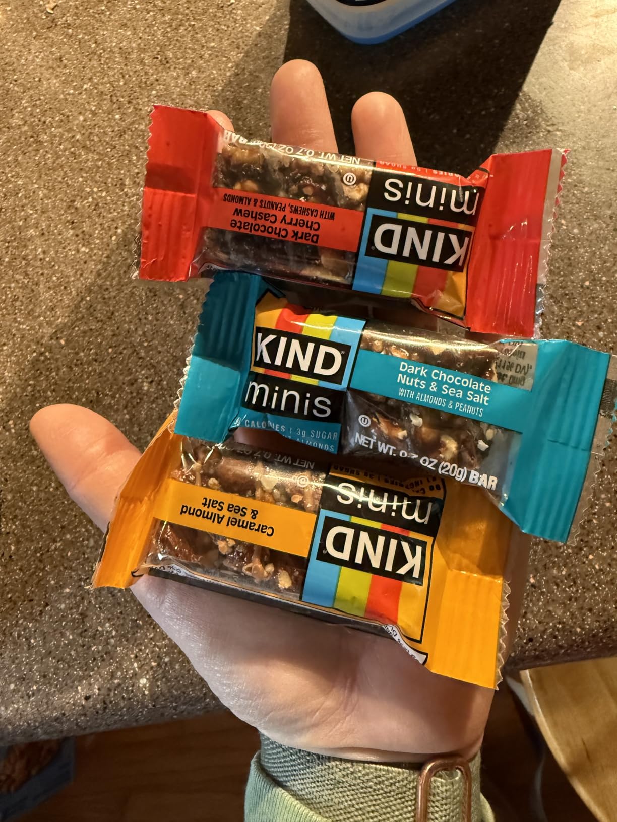 KIND Mini Snack Bars Variety Pack, Gluten Free, Low Sugar, Low Calorie Snacks, Dark Chocolate Nuts & Sea Salt, Caramel Almond & Sea Salt, Dark Chocolate Cherry Cashew, 30 Count customer photo 1