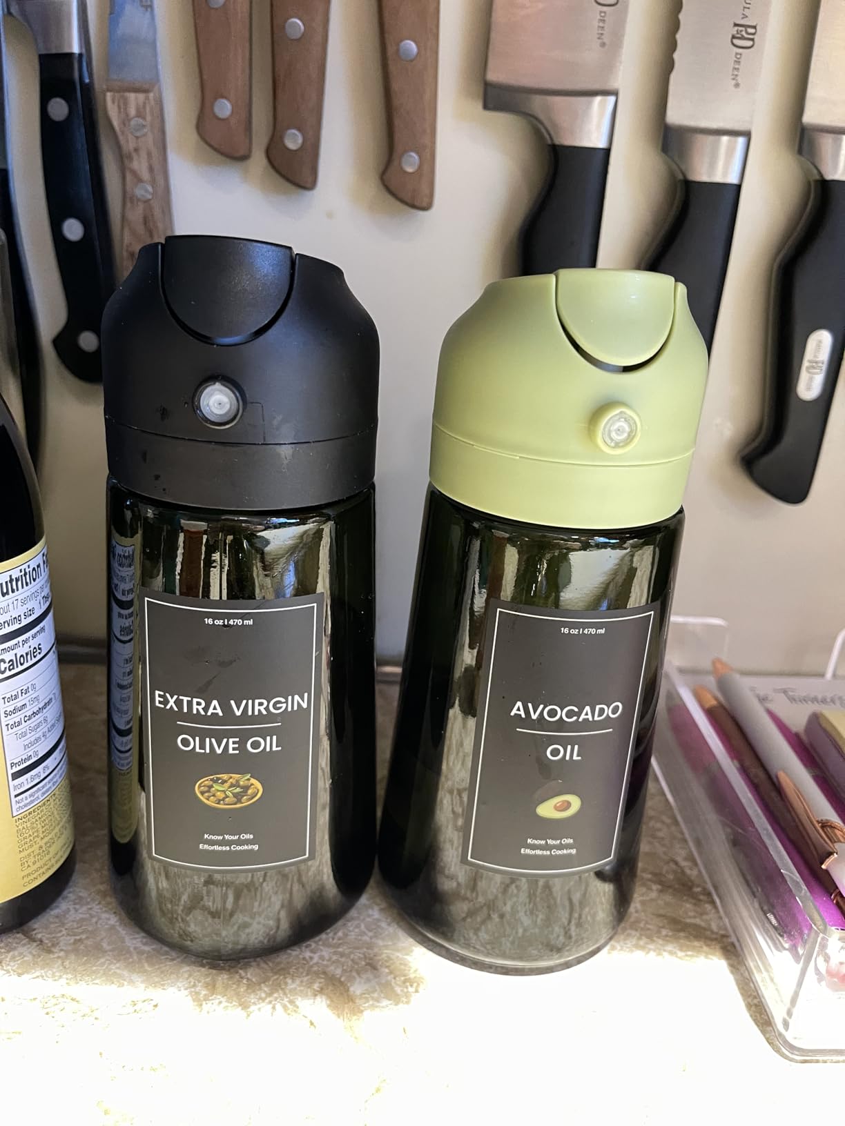 CXINYI - 16oz/470ml Olive Oil Dispenser for Kitchen with Stickers - 2 in 1 Olive Oil Sprayer for Cooking, Air Fryer, and Salad, Black&Green (Light-Proof Kitchen Gadget) customer photo 1