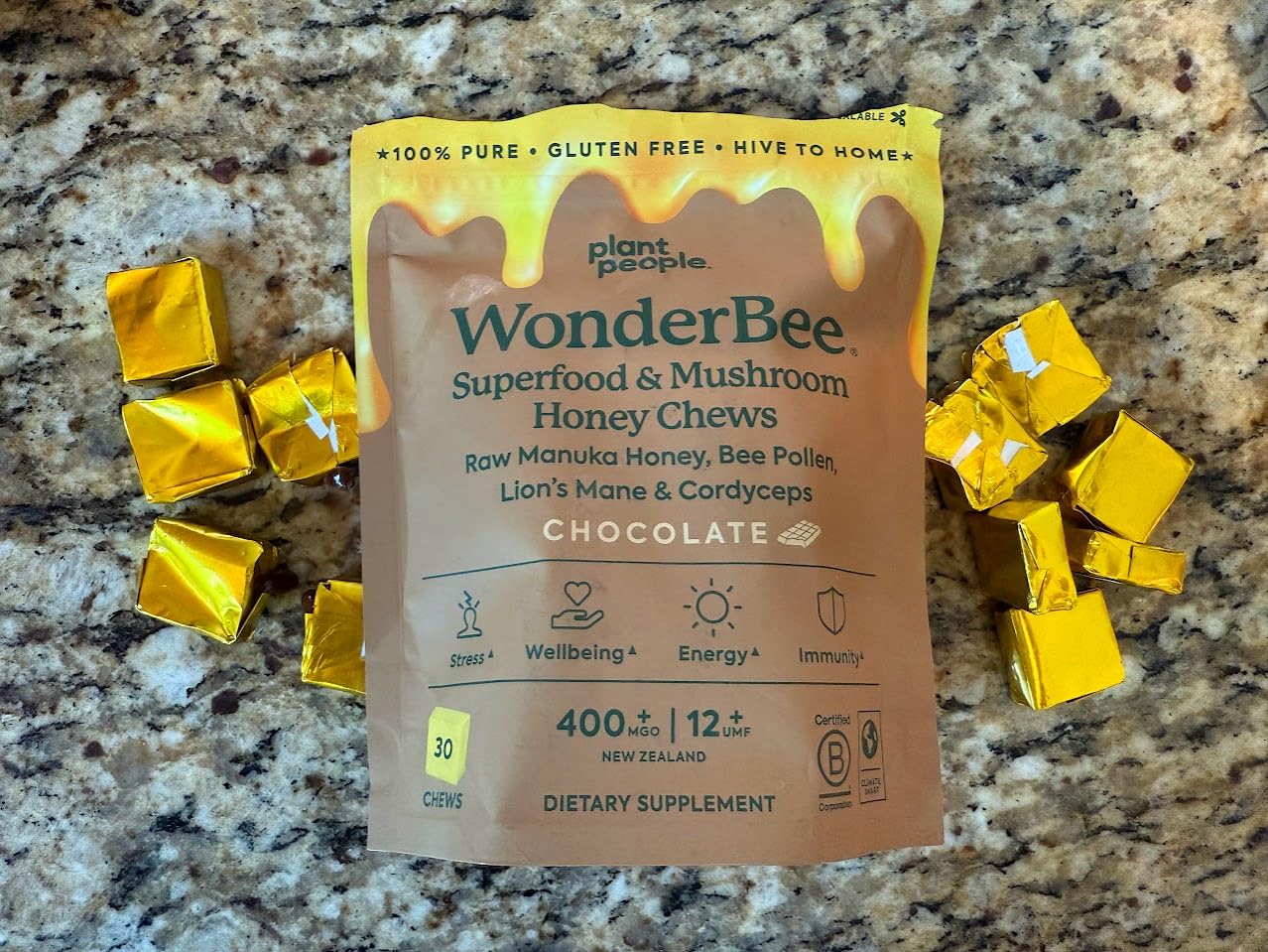 Plant People WonderBee Super Mushroom Manuka Honey Chews - Bee Pollen, Lion's Mane & Cordyceps - Cognition, Energy & Immune Support - Chocolate (30 Count) customer photo 1