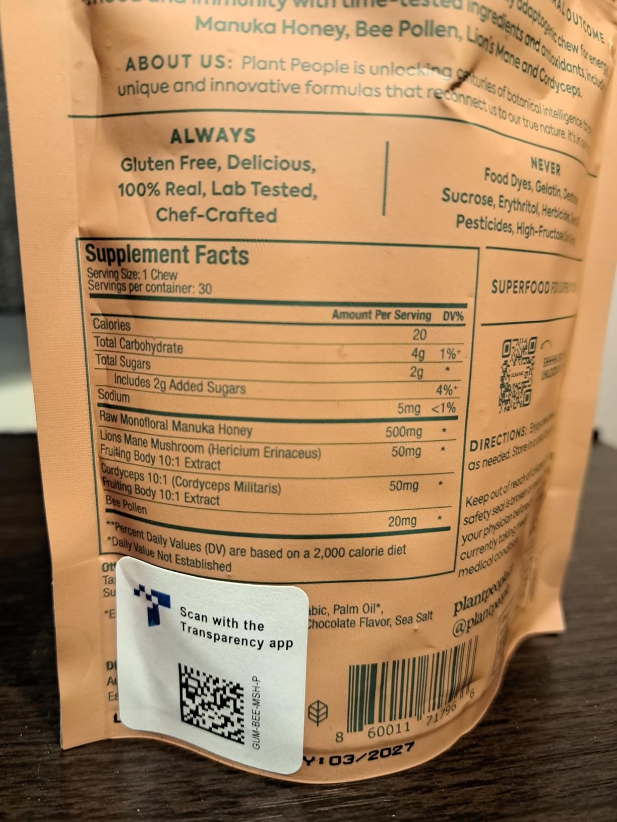 Plant People WonderBee Super Mushroom Manuka Honey Chews - Bee Pollen, Lion's Mane & Cordyceps - Cognition, Energy & Immune Support - Chocolate (30 Count) customer photo 2