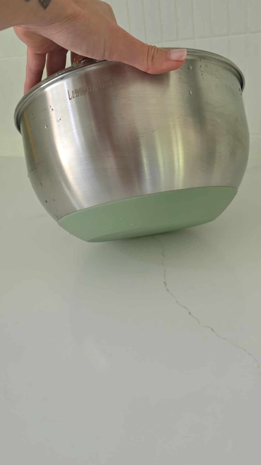 Lunememo Stainless Steel Salad Spinner, Lettuce Spinner with Drain, Non-Slip Base, Stop Button, Vegetable Dryer, BPA Free, 5.3 Qt customer photo 1