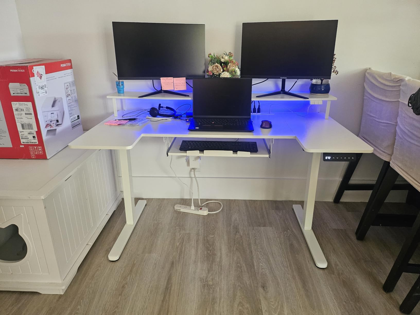 OffiGo U Shaped Electric Standing Desk with Keyboard Tray, 55 Inch Height Adjustable Desk with Power Outlets & LED Lights, Sit Stand Table with Monitor Stand for Home, Office, White customer photo 1