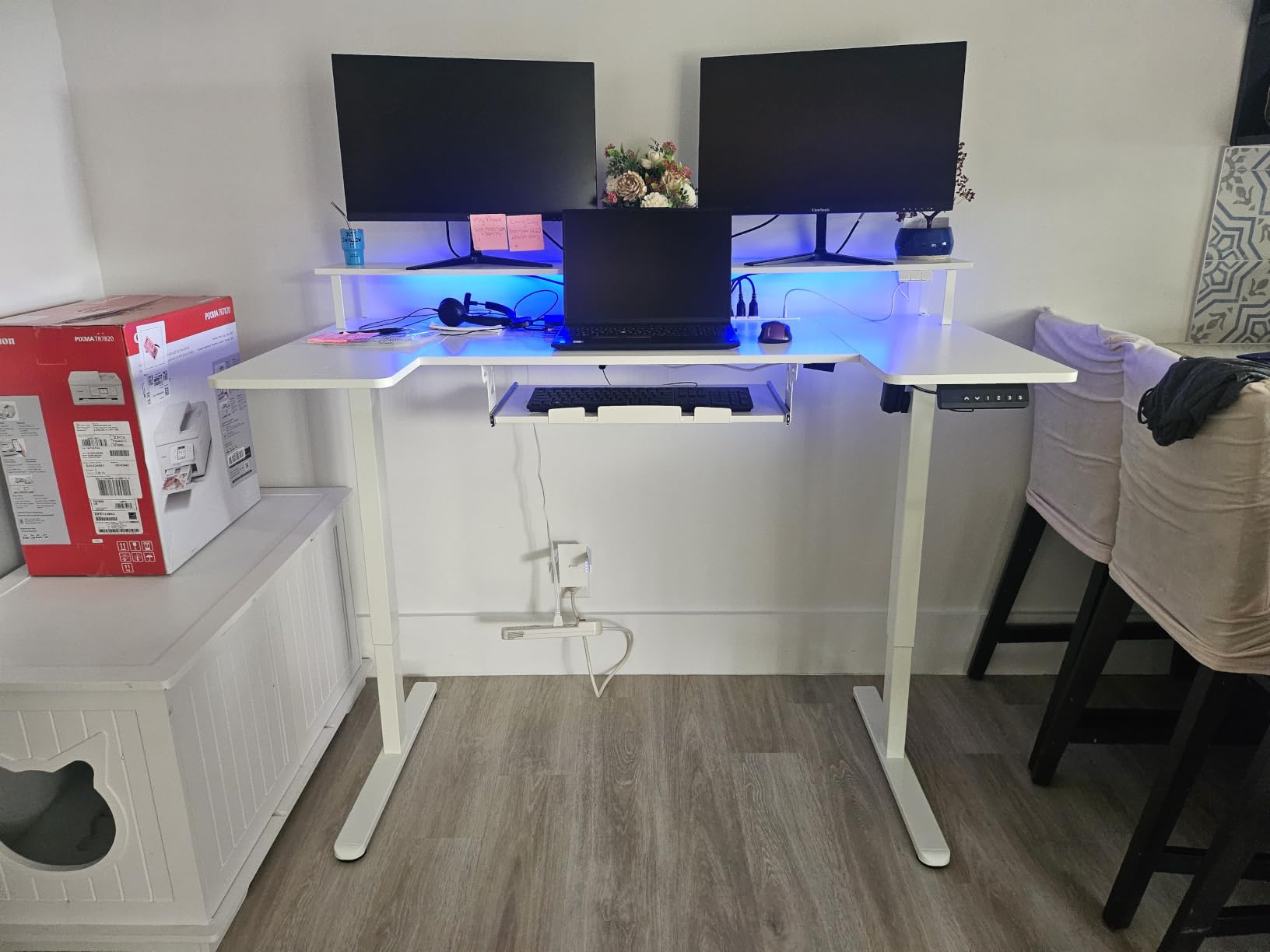 OffiGo U Shaped Electric Standing Desk with Keyboard Tray, 55 Inch Height Adjustable Desk with Power Outlets & LED Lights, Sit Stand Table with Monitor Stand for Home, Office, White customer photo 2