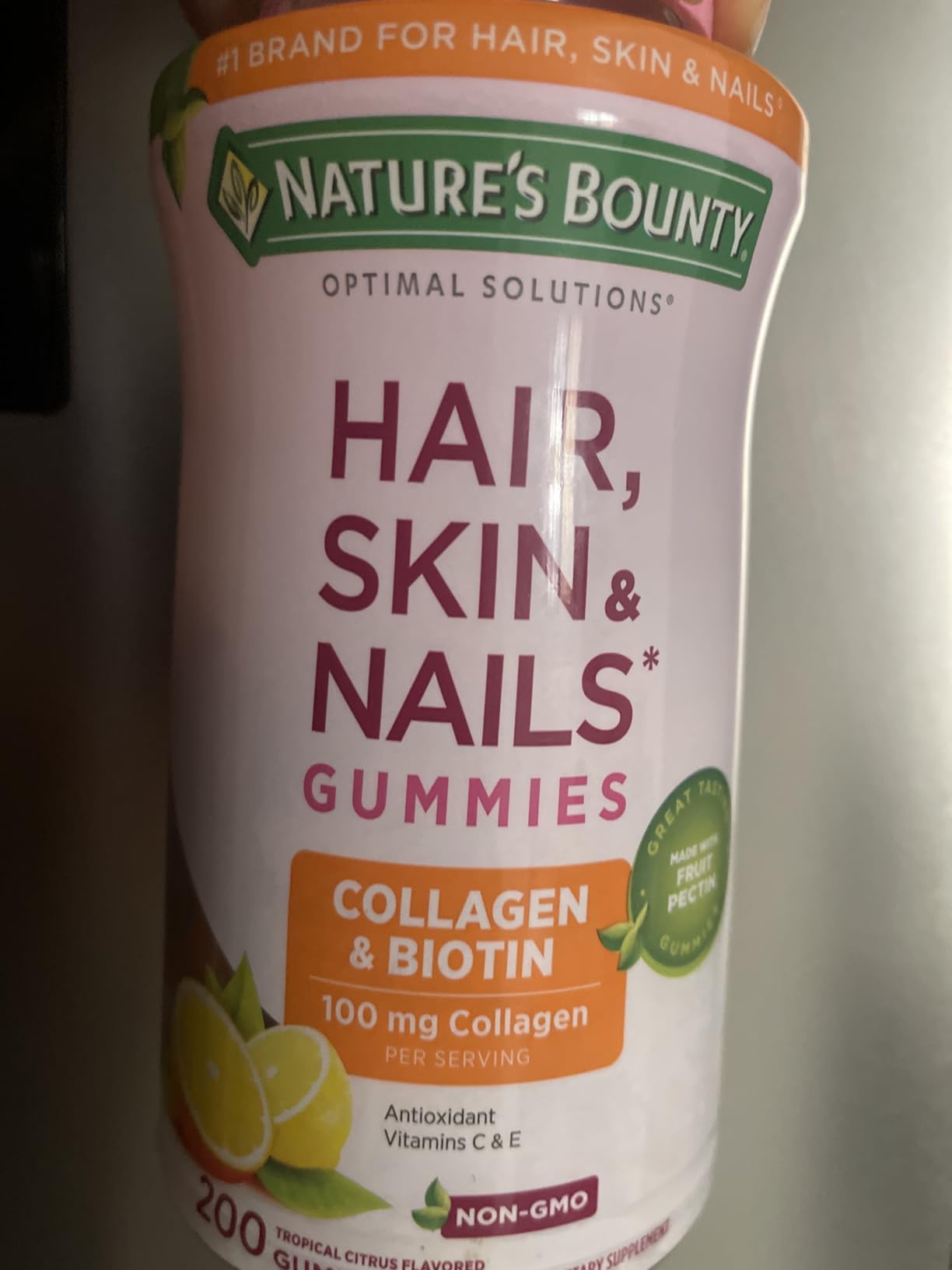Nature's Bounty Optimal Solutions Hair, Skin and Nails Collagen Pectin Gummies, 100 mg Collagen and 2,500 mcg Biotin Per Serving, Tropical Citrus Flavor, 200 ct, 100 Total Servings customer photo 1