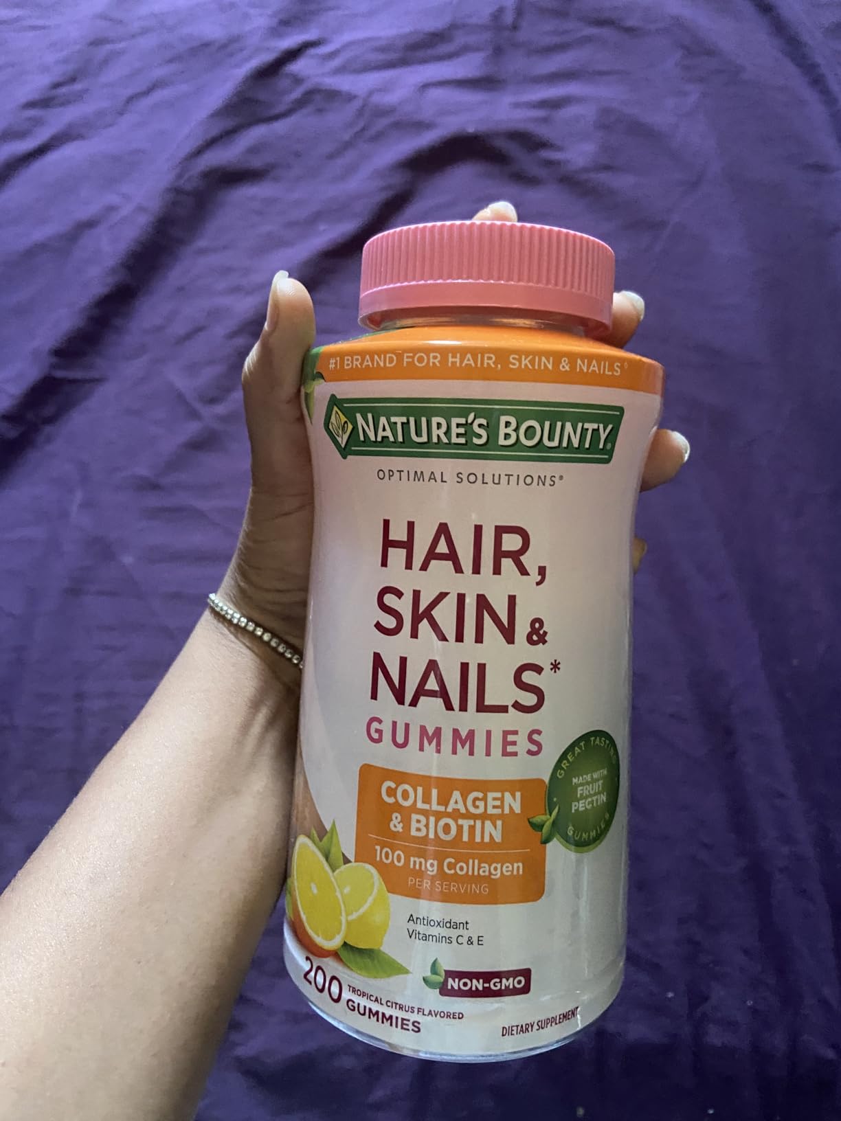 Nature's Bounty Optimal Solutions Hair, Skin and Nails Collagen Pectin Gummies, 100 mg Collagen and 2,500 mcg Biotin Per Serving, Tropical Citrus Flavor, 200 ct customer photo 2