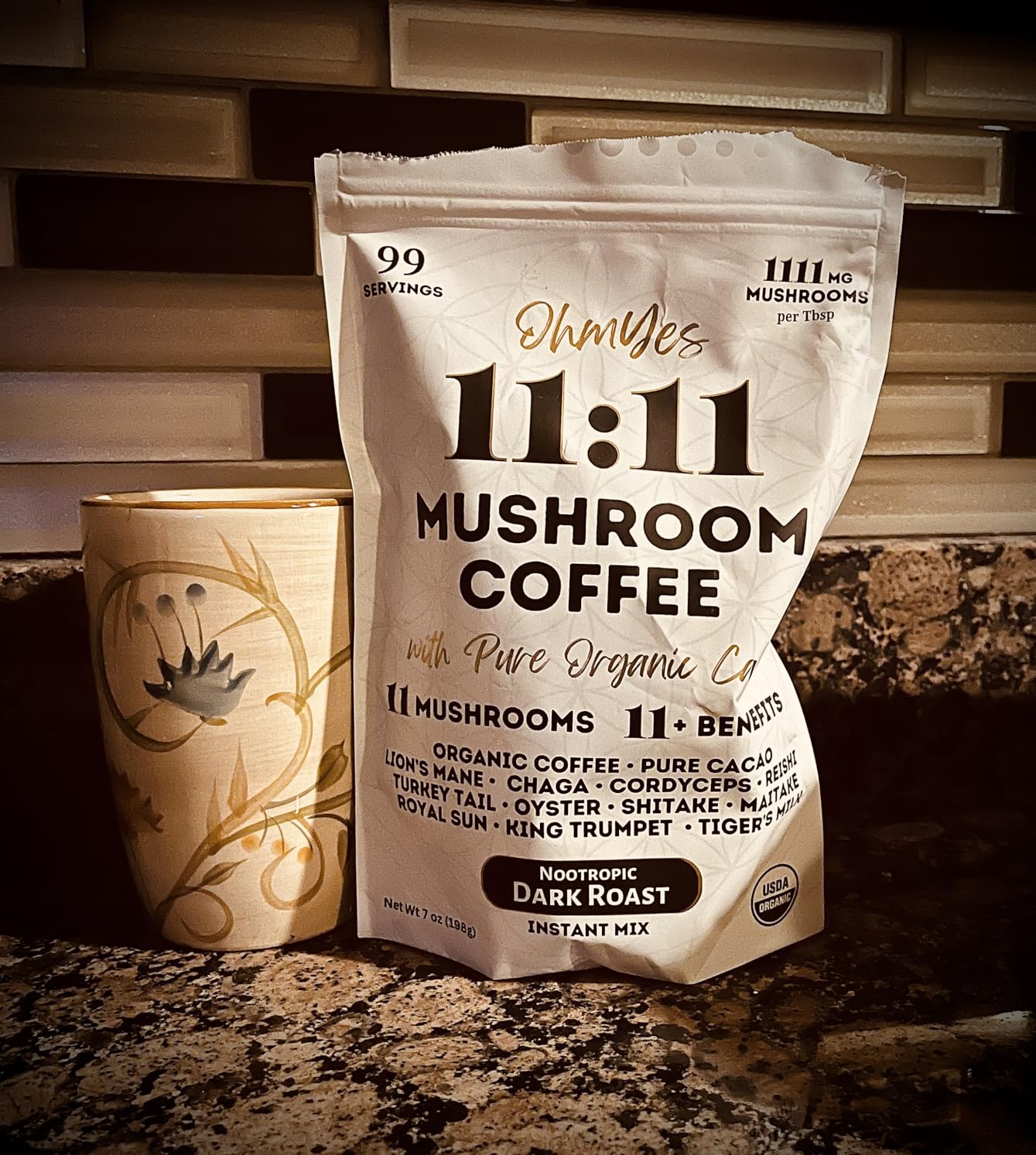 OhmYes Mocha Mushroom Coffee with Pure Cacao | Organic 11 Mushroom Adaptogen Blend (Lions Mane, Reishi, Chaga, Cordyceps) | Premium Chocolate Dark Roast Instant Coffee | Unsweetened | 7oz customer photo 2