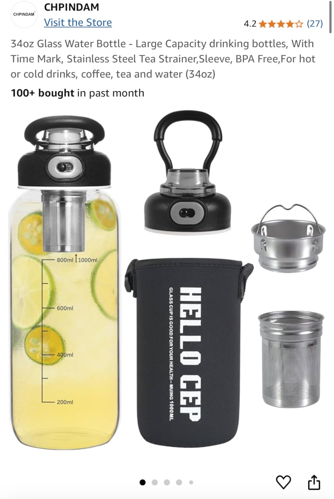 34oz Tea Bottle with Infuser - Large Capacity Glass Water Bottle, With Time Mark, Stainless Steel Tea Strainer, Sleeve, BPA Free, For Hot or Cold Drinks, Coffee, Tea and Water customer photo 1