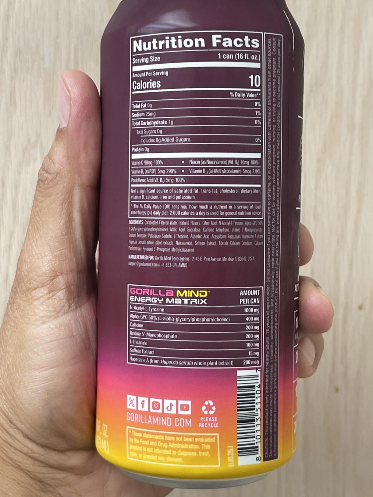Gorilla Mind Energy Drink | Unmatched Energy - Amplified Focus | N-Acetyl-L-Tyrosine, Alpha-GPC, 200mg Caffeine, Uridine, Saffron | 0 Sugar Or Artificial Colors | 16oz, 12-Pack (Blackberry Lemonade) customer photo 1