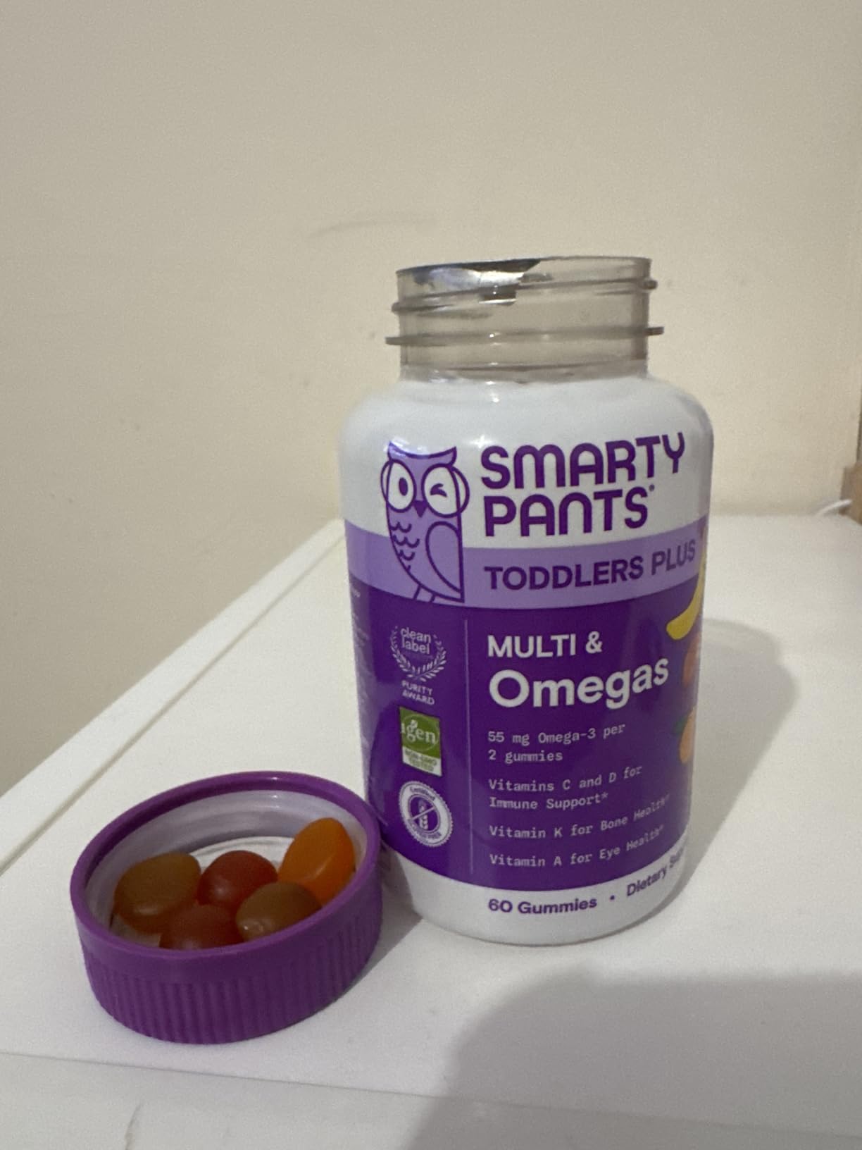 SmartyPants Toddler Multivitamin Gummies, Omega 3 (DHA/EPA), Vitamins D3, C, Vitamin B12, B6, A, K & Zinc, Biotin, Gluten Free, Three Fruit Flavors, 60 Count (30 Day Supply) customer photo 1