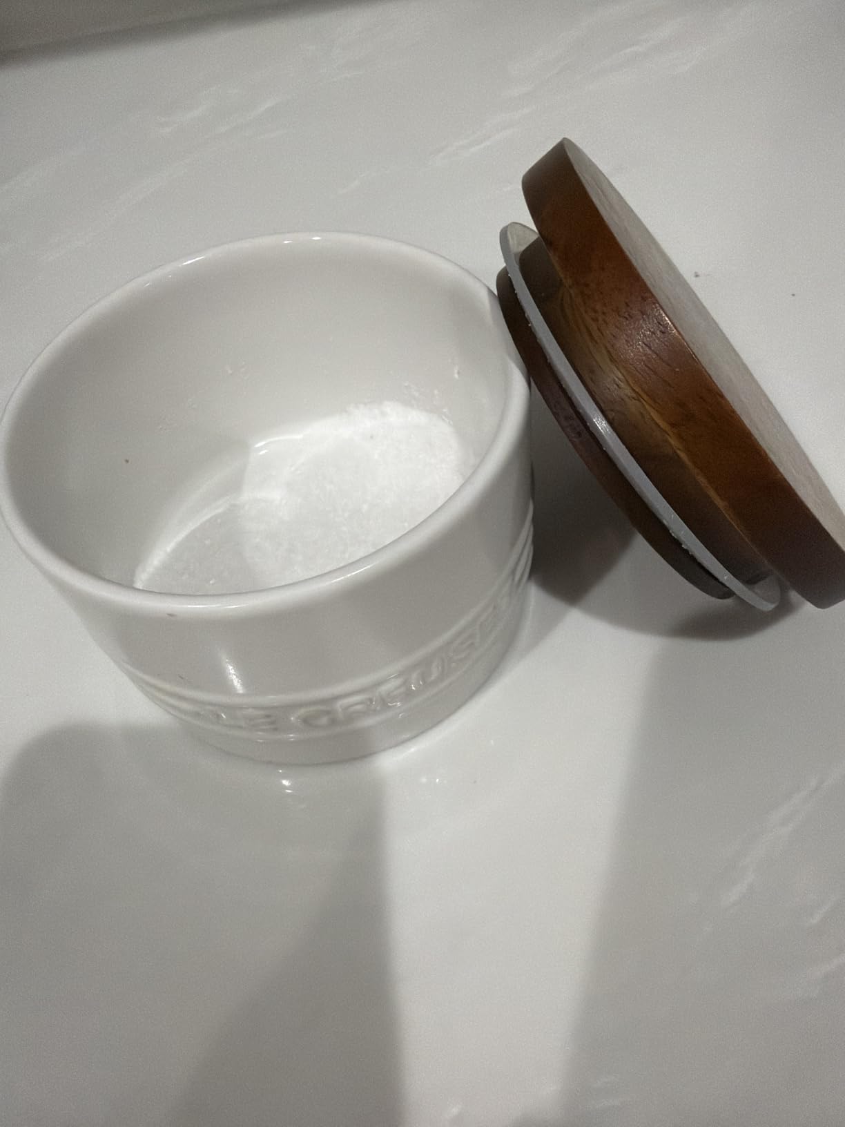 Le Creuset Stoneware Signature Small Salt Cellar and Storage Canister with Wood Lid, 7 oz., White customer photo 1