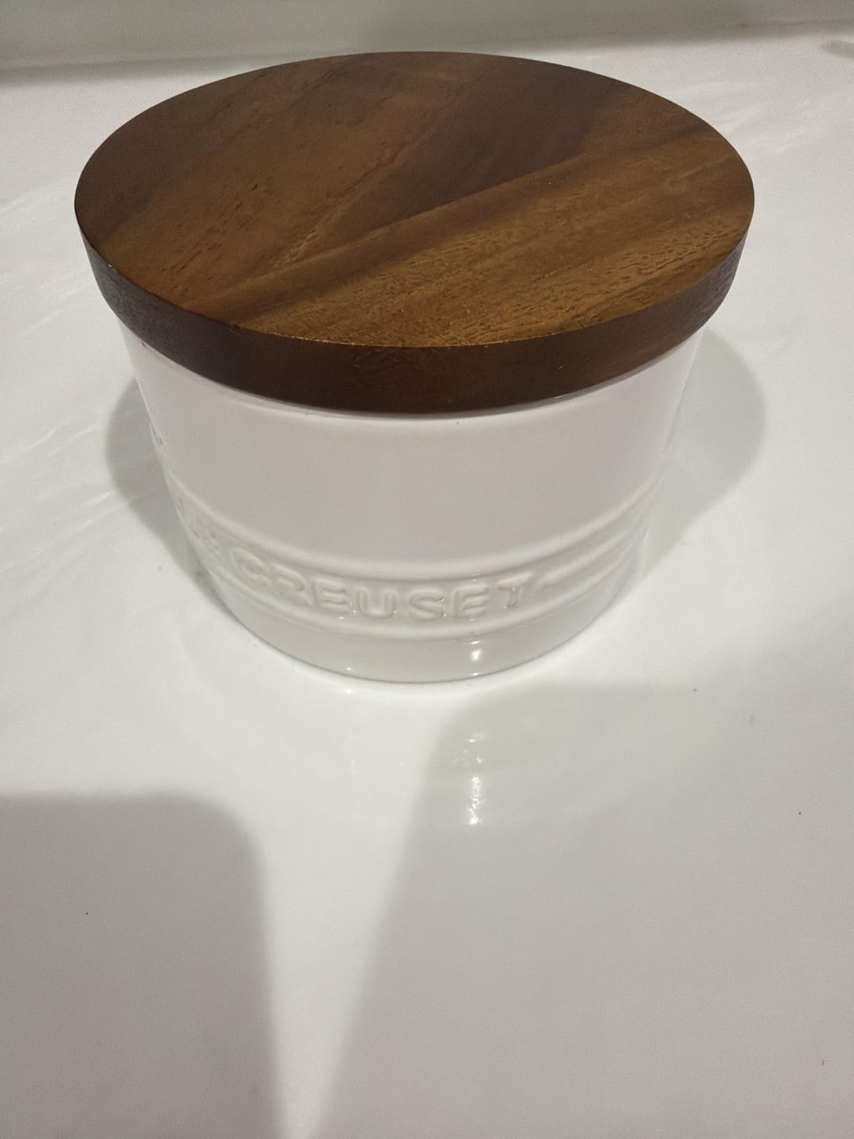 Le Creuset Stoneware Signature Small Salt Cellar and Storage Canister with Wood Lid, 7 oz., White customer photo 2