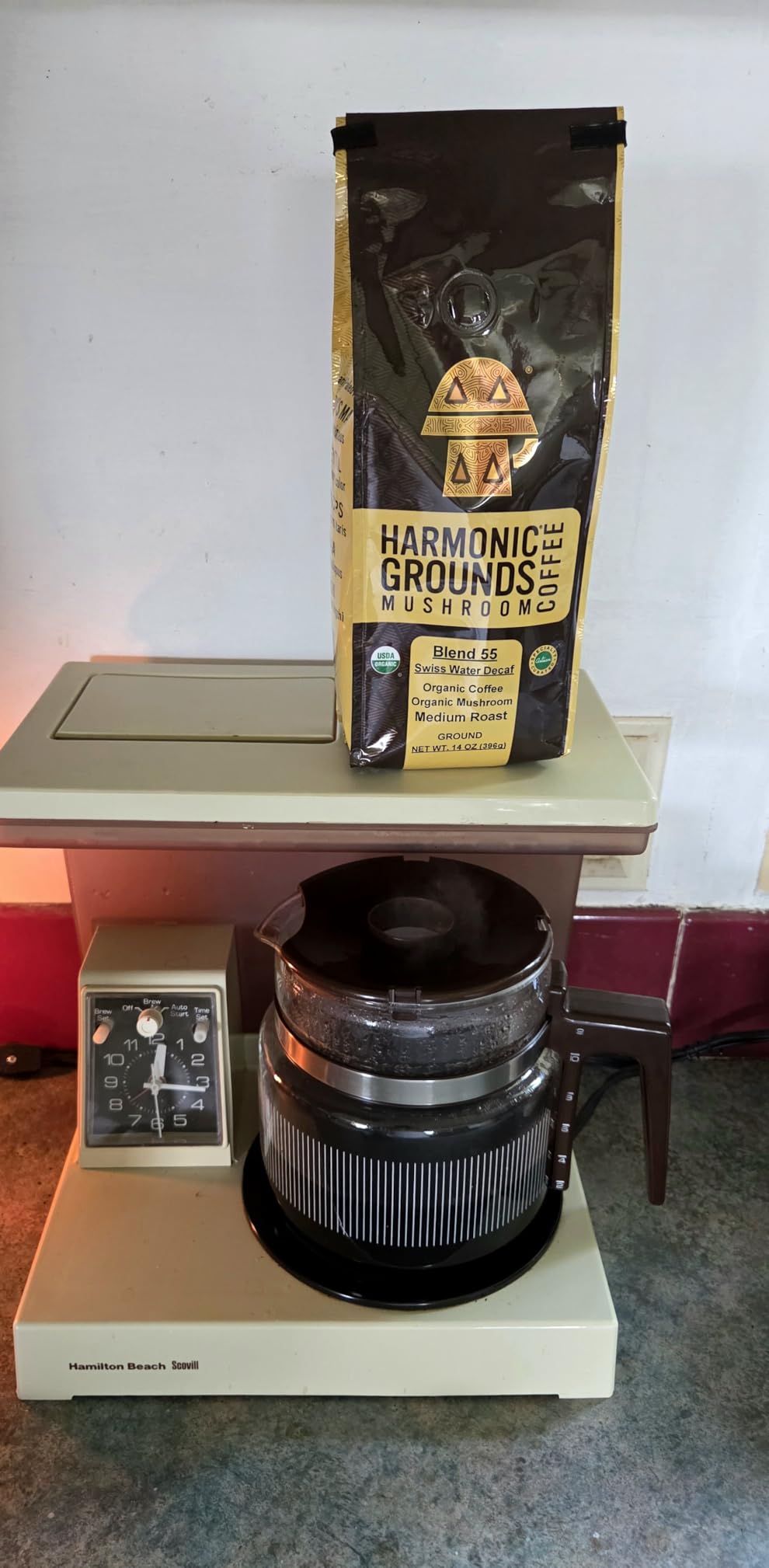 Harmonic Grounds Swiss Water Decaf | Organic Medium Roast Ground Coffee with Functional Mushrooms | Lion's Mane, Reishi, Chaga, Cordyceps, Turkey Tail | Fruiting Body Only | No Caffeine | 14 oz customer photo 1