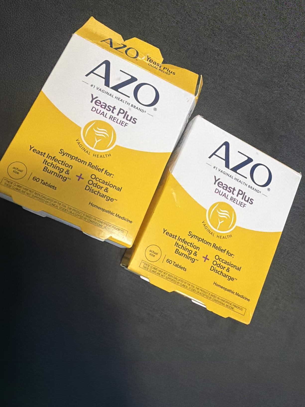 AZO Yeast Plus Dual Homeopathic Yeast Infection Symptom Relief for Women - Vaginal Itching & Burning + Odor & Discharge, Intimate Health Tablets, 2 Pack (60 Count x2) customer photo 1