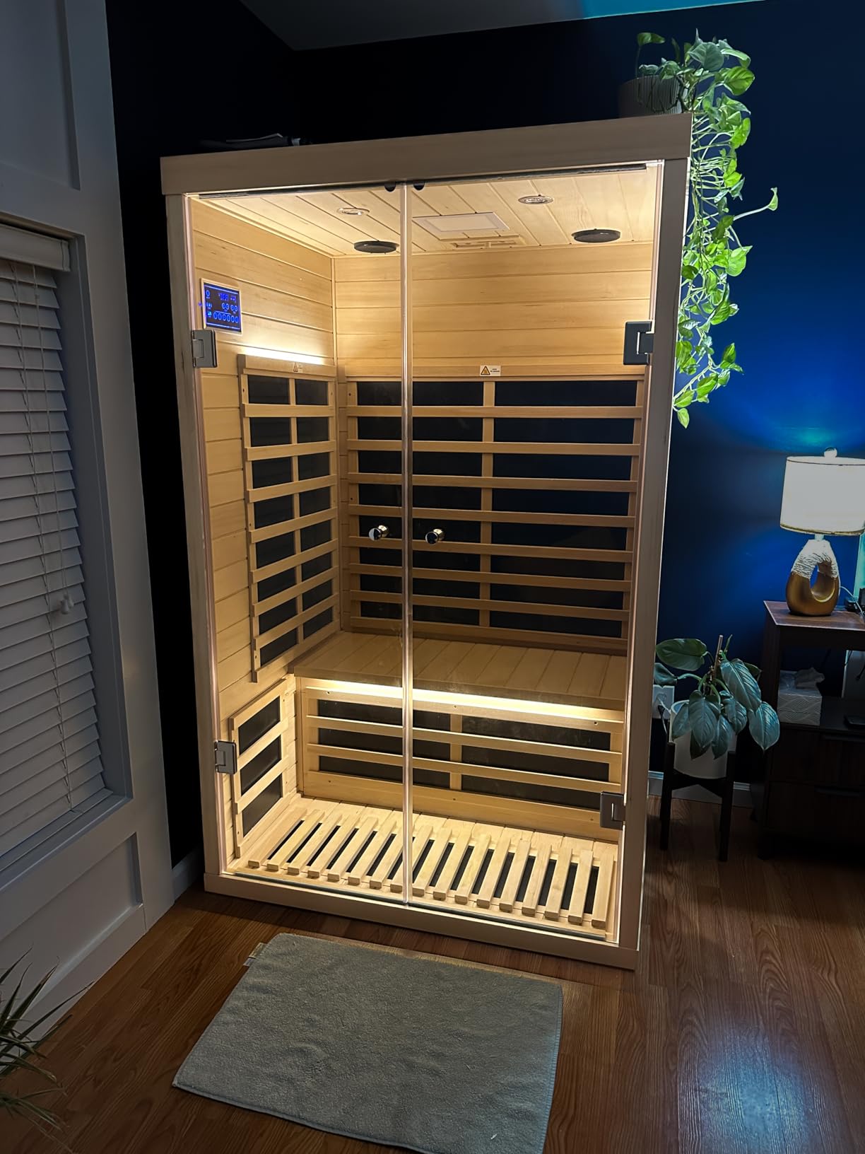 Far Infrared Sauna 1 Person Infrared Home Sauna Room 0-5mG Ultra Low EMF Home Sauna Spa 1460W Canadian Hemlock Wooden Indoor Dry Sauna with Door Heating Plate, 2 Control Panels customer photo 2