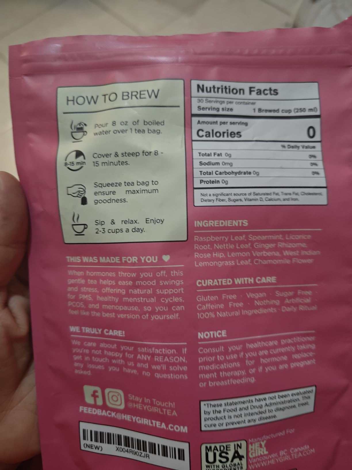 Hey Girl Hormone Balance Tea for Women, Spearmint & Red Raspberry Leaf with Chamomile & Ginger - Herbal PCOS Tea, Perimenopause, Cycle & PMS Support, Caffeine Free, 30 Tea Bags customer photo 1