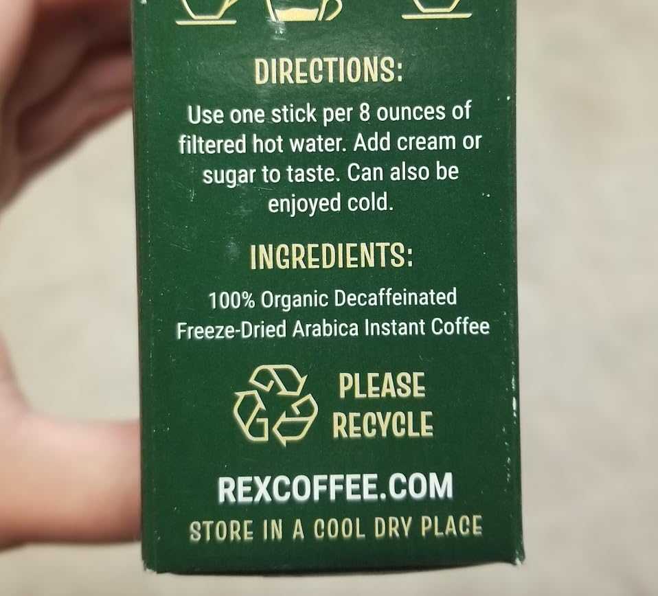 Rex Coffee Organic Fairtrade Natural Decaf Freeze-Dried Instant Sticks - Naturally Decaffeinated Arabica, 25 Single-Serve Packs - Lab Tested for Mold, Mycotoxins, Heavy Metals, & Acrylamide customer photo 1