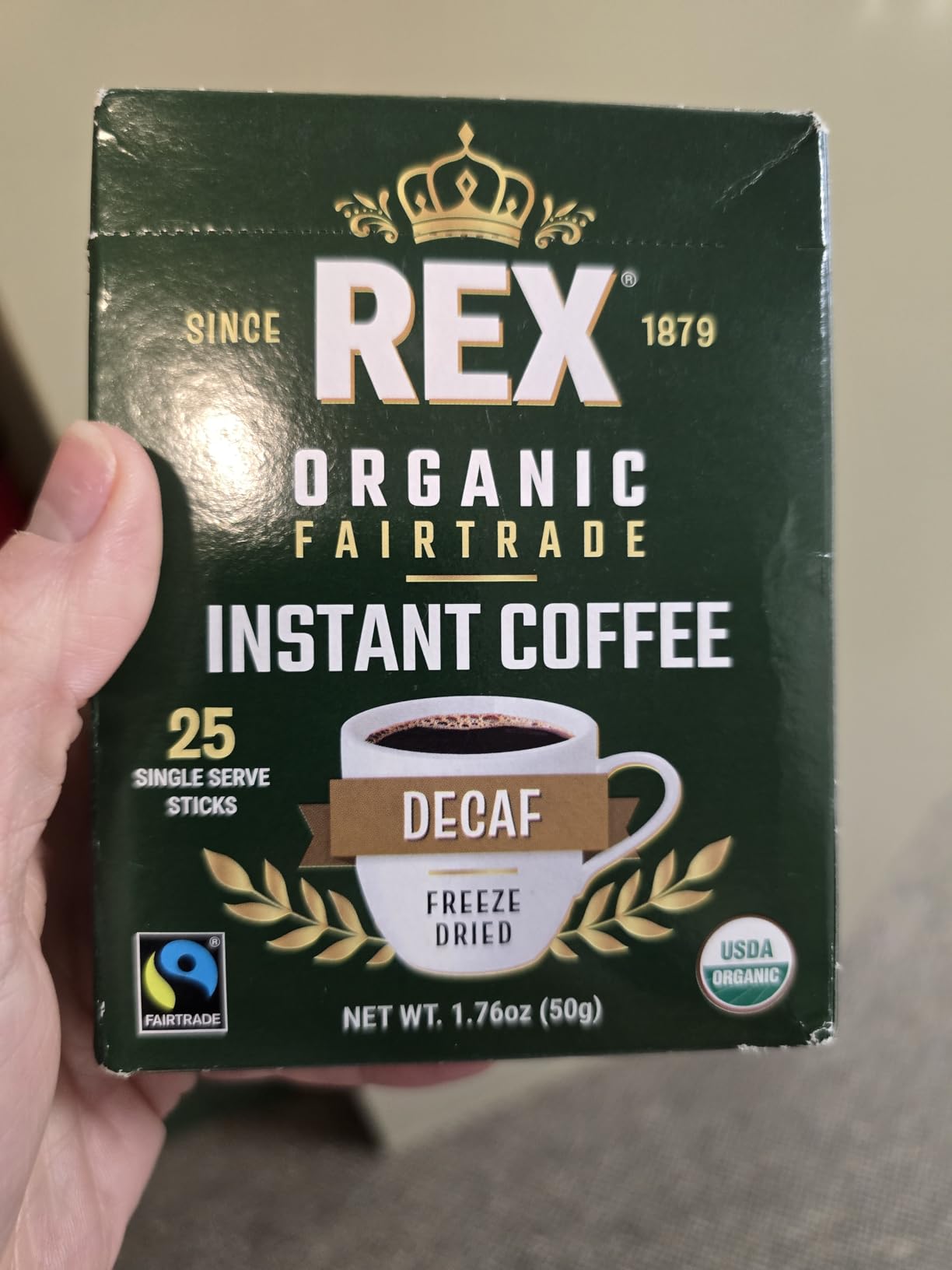 Rex Coffee Organic Fairtrade Natural Decaf Freeze-Dried Instant Sticks - Naturally Decaffeinated Arabica, 25 Single-Serve Packs - Lab Tested for Mold, Mycotoxins, Heavy Metals, & Acrylamide customer photo 2