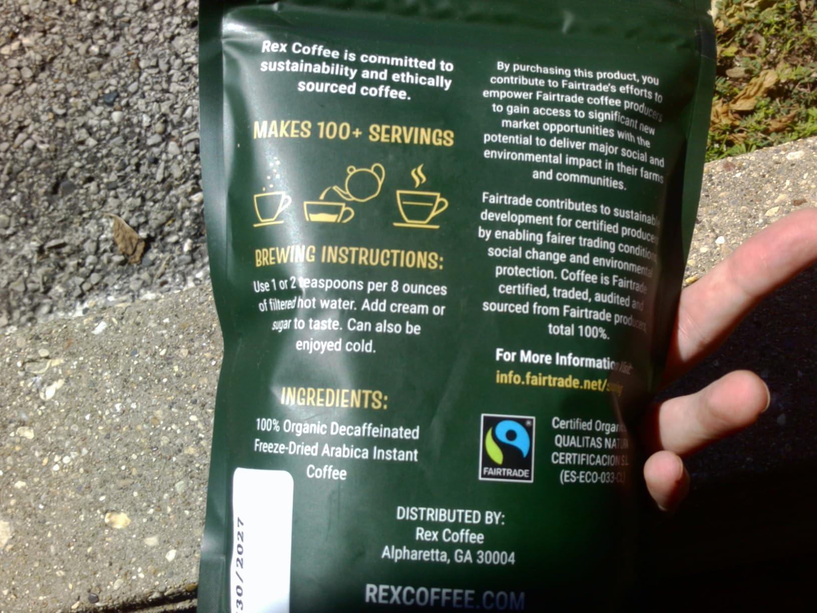 Rex Coffee Organic Fairtrade Natural Decaf Freeze-Dried Instant Coffee - Naturally Decaffeinated Arabica, 7.05 oz Resealable Pouch Bag - Lab Tested for Mold, Mycotoxins, Heavy Metals, & Acrylamide customer photo 2