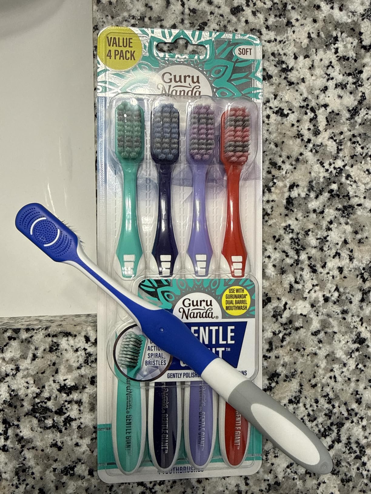 GuruNanda Gentle Giant Charcoal Toothbrush - Dual Action Flossing Spiral Bristles, Non-Slip Ergo Dexa Grip Handle, Helps in Teeth Whitening, BPA Free, 2ct customer photo 1