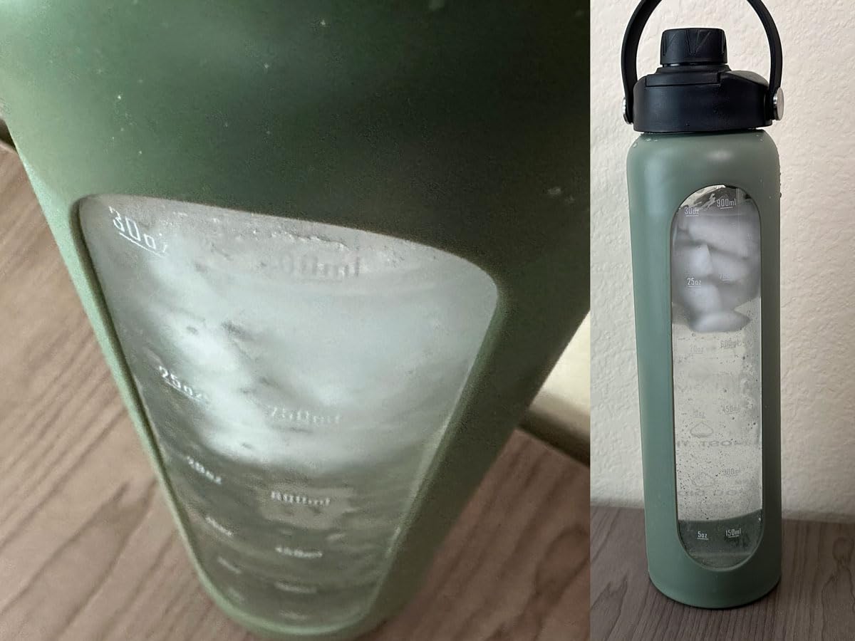 Aqulea 32 oz Glass Water Bottle with 2 Lids - Spout & Straw Lids, 1L Motivational Borosilicate Glass Water Bottle with Time Marker & Silicone Sleeve, Leakproof (Ice Blue) customer photo 1