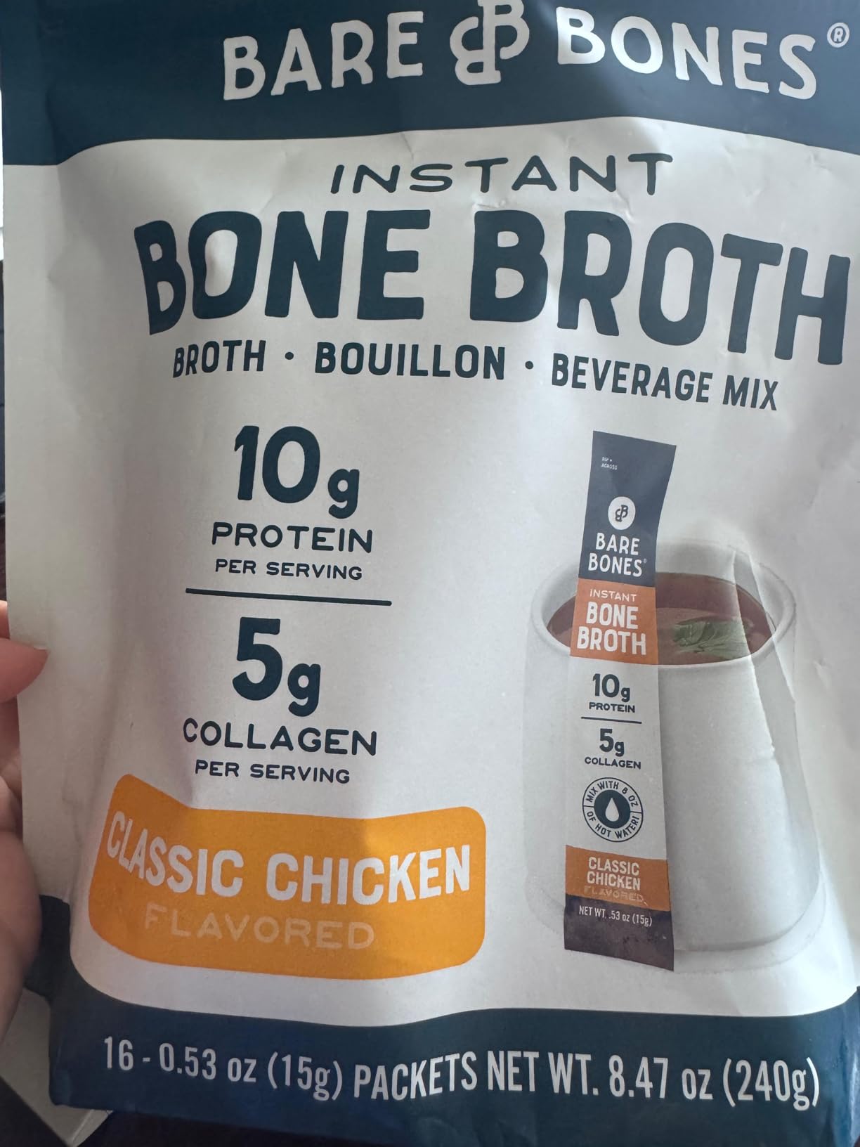 Bare Bones Classic Chicken Bone Broth Instant Powdered Mix Packets | 5g Collagen | 10g Protein | Keto & Paleo Friendly | No Artificial Flavors | Non-GMO, Gluten-Free, Dairy-Free on-the-go 16 Pack customer photo 1