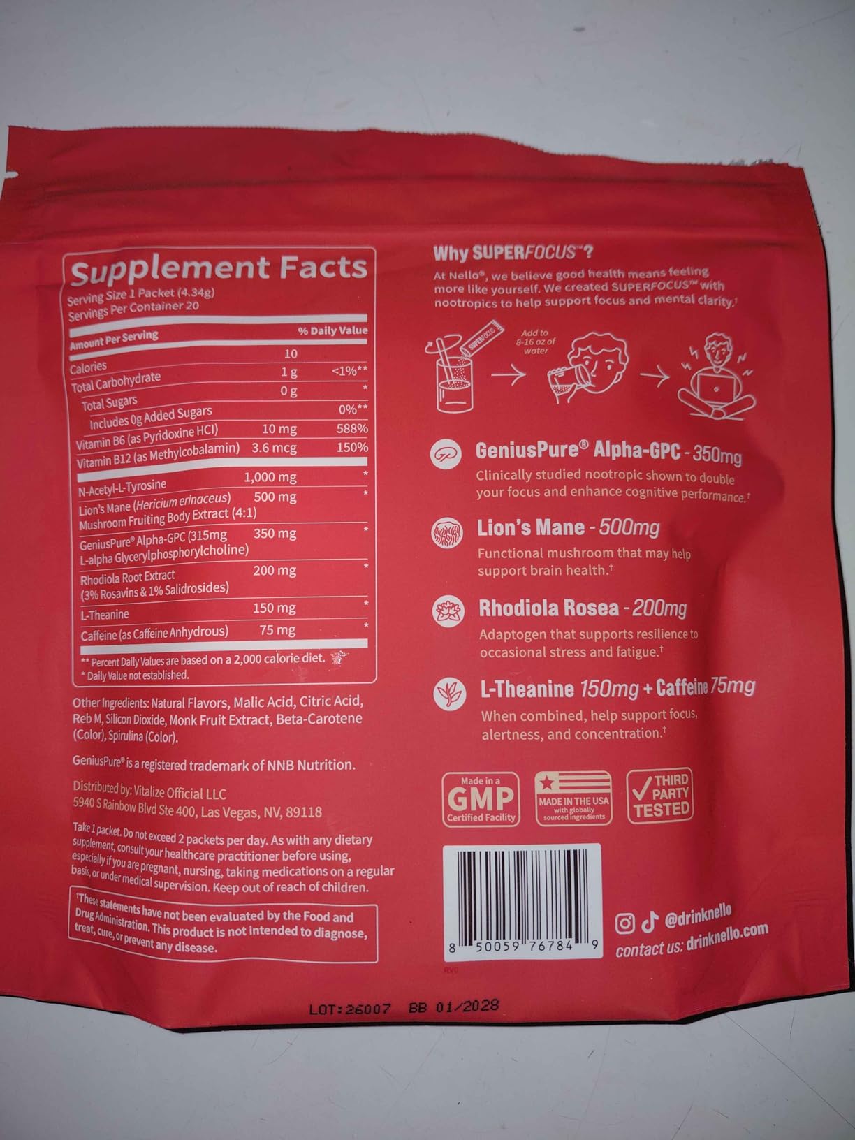 Nello Superfocus - Nootropic Focus Drink Mix for Productivity, L-Theanine, Rhodiola Rosea, Alpha-GPC, Lion's Mane, Tyrosine, Sugar-Free Packets (30 Servings (Caffeine), Apple Rush) customer photo 1