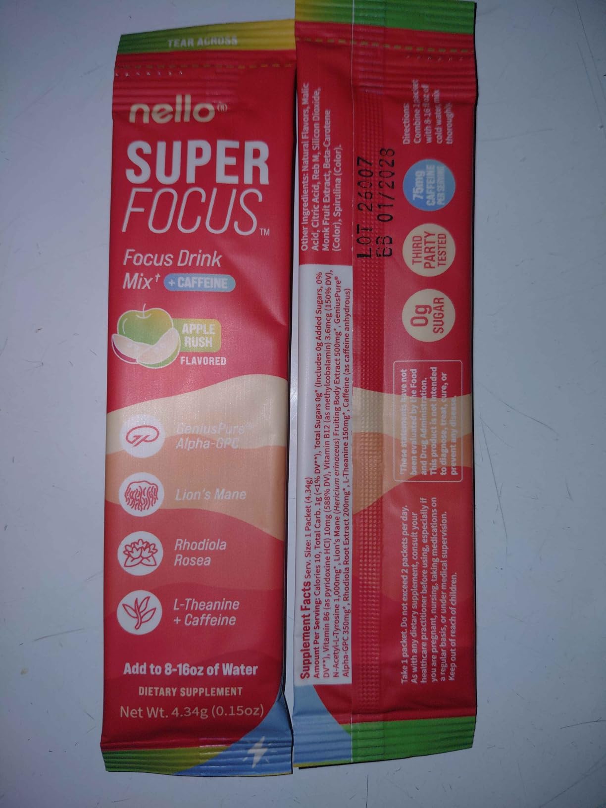 Nello Superfocus - Nootropic Focus Drink Mix for Productivity, L-Theanine, Rhodiola Rosea, Alpha-GPC, Lion's Mane, Tyrosine, Sugar-Free Packets (30 Servings (Caffeine), Apple Rush) customer photo 2
