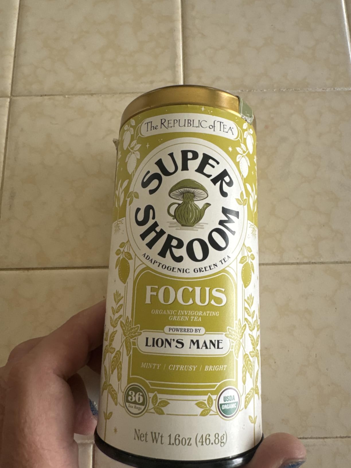 The Republic of Tea SuperShroom Focus Lion's Mane Green Tea, Organic Peppermint and Lemon Blend, Naturally Caffeinated, Unbleached Tea Bags in Reusable Tin, 36 Count customer photo 1