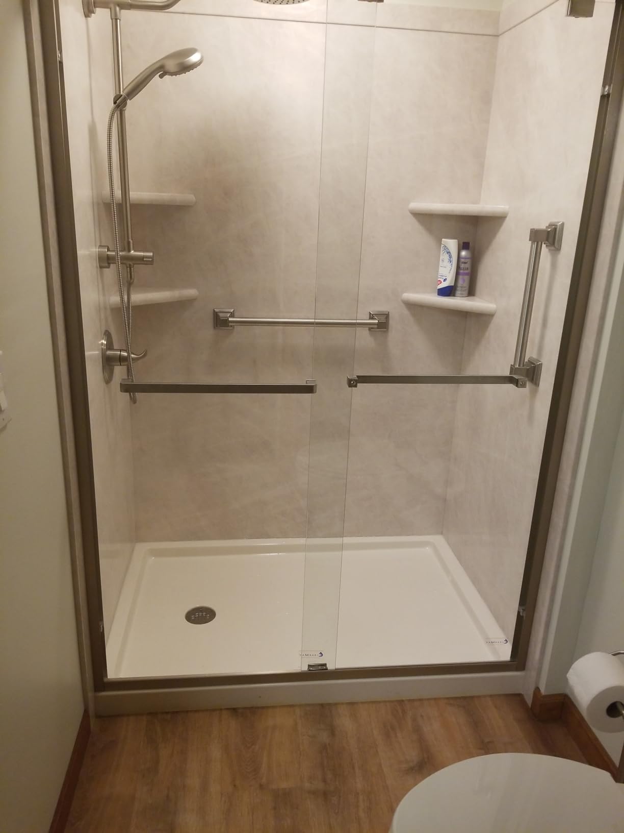 DreamLine SlimLine 36 in. D x 36 in. W x 2 3/4 in. H Corner Drain Double Threshold Shower Base in White, DLT-1036360 customer photo 2