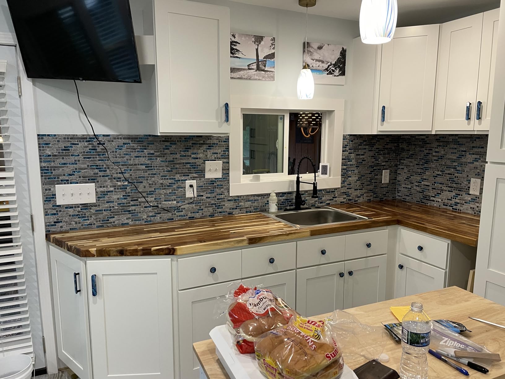Gray Marble Tile for Kitchen Backsplash 12 in. x 12 in. x 8 mm Teal Blue Glass Mosaic Bathroom Shower Wall Linear Tiles (Pack of 5 Sheets) customer photo 1