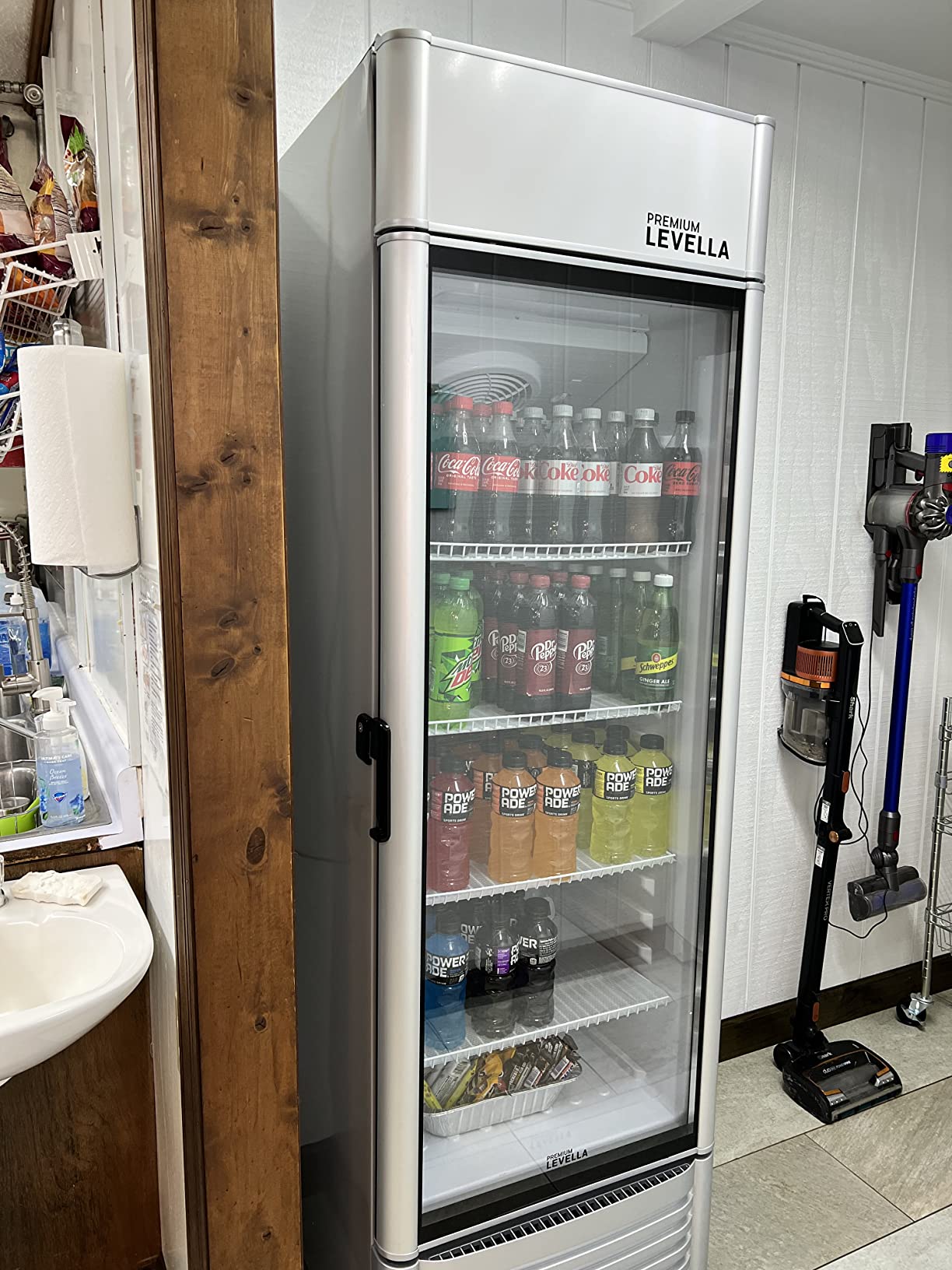 PremiumLevella PRF125DX Glass Door Display Refrigerator 12.5 cu ft Commercial Beverage Cooler Merchandiser With Customizable Lightbox - Silver customer photo 2