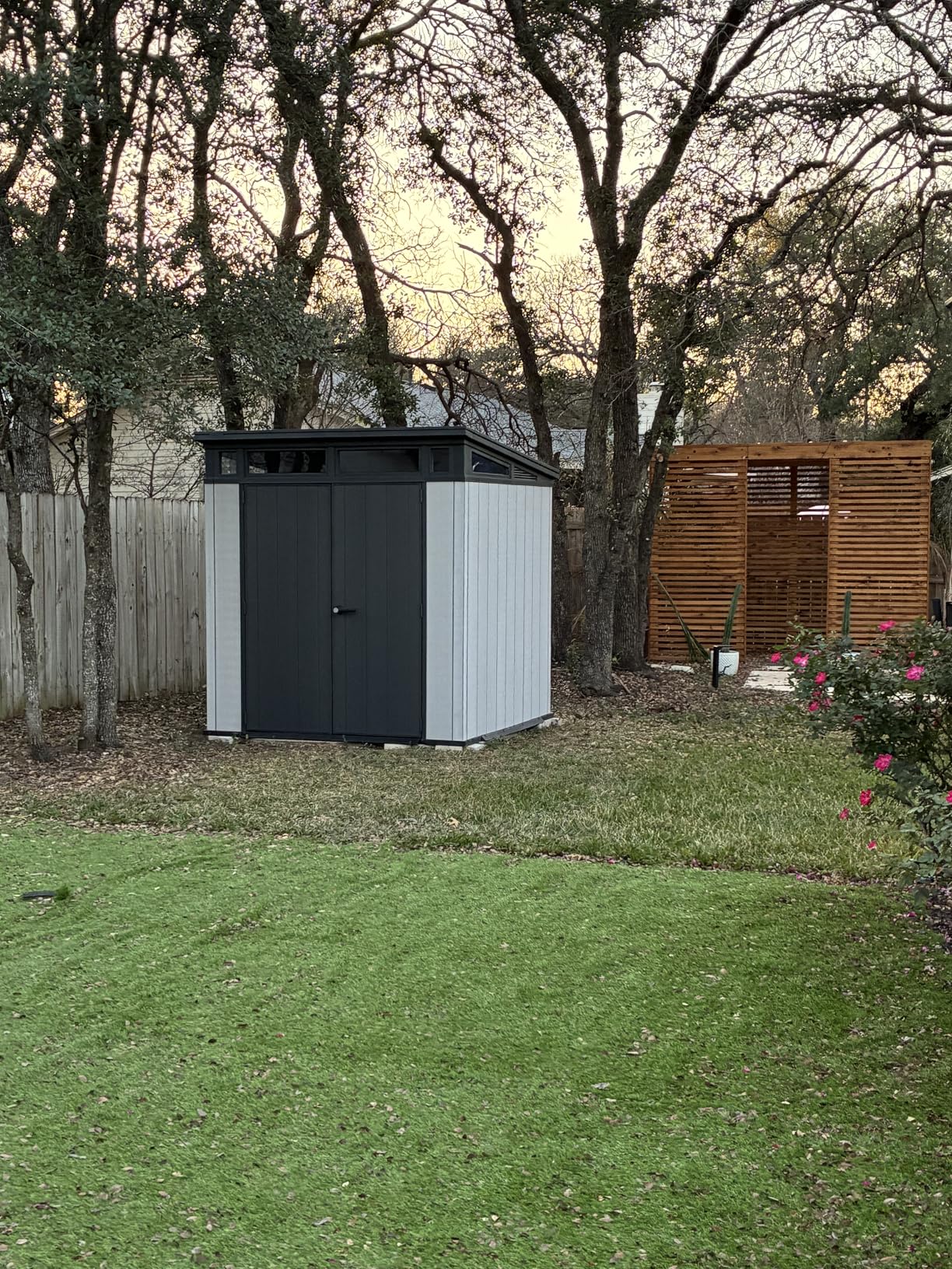 Keter Artisan 7 x 7 Foot Large Modern Design Outdoor Shed with Floor for Outdoor Furniture, Lawn Equipment, Bikes, and Gardening Tools, Gray customer photo 1