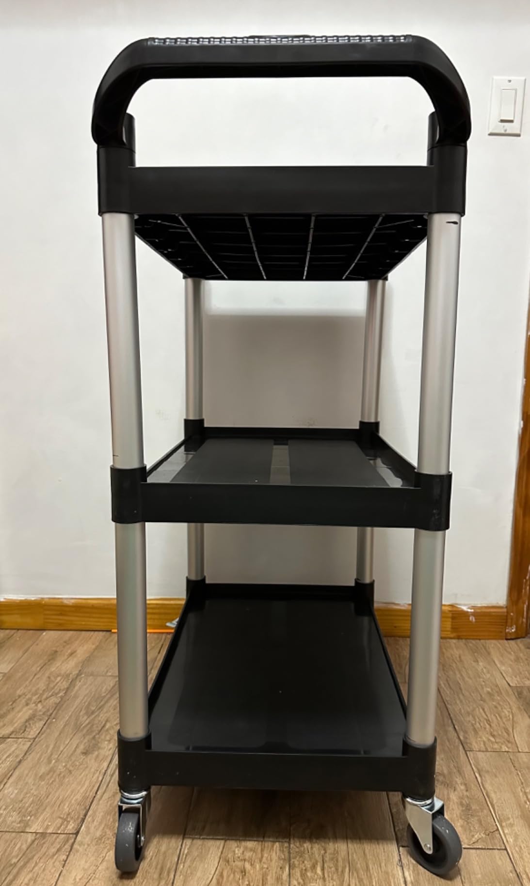 Plastic Utility Carts with Wheels, Heavy Duty 510lbs Capacity Rolling Service Cart, 3-Tier Restaurant Food Cart with Hammer for Office, Warehouse, Garage (Lockable Wheels, Black) customer photo 1