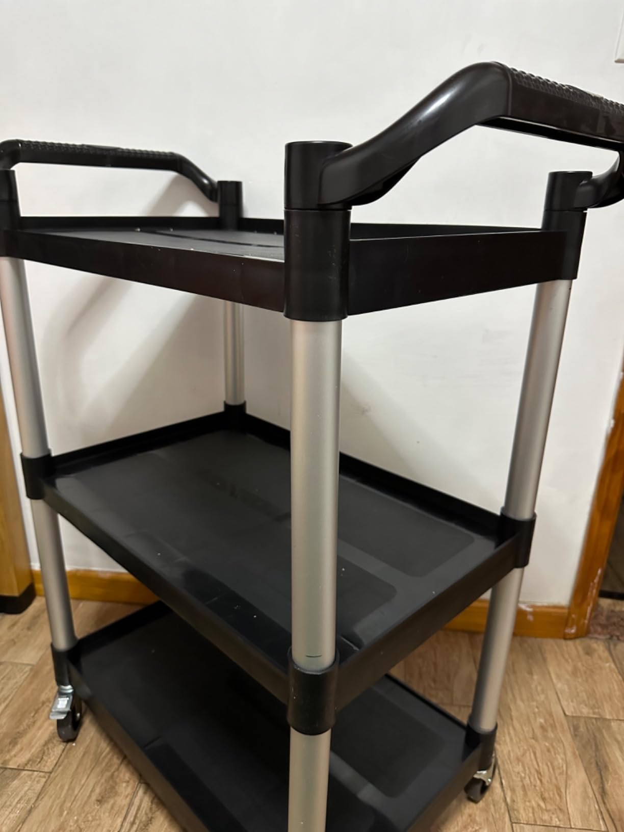 Plastic Utility Carts with Wheels, Heavy Duty 510lbs Capacity Rolling Service Cart, 3-Tier Restaurant Food Cart with Hammer for Office, Warehouse, Garage (Lockable Wheels, Black) customer photo 2
