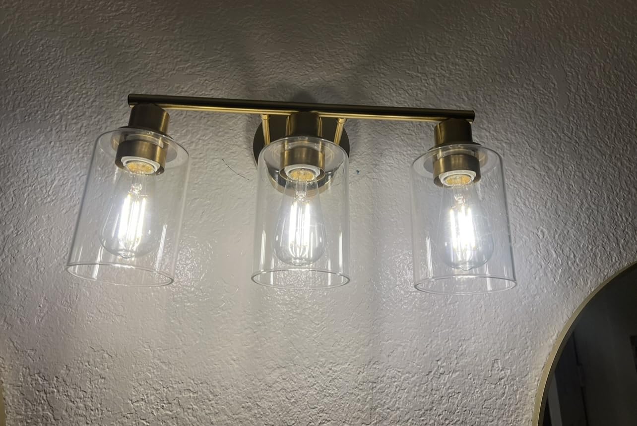 3-Light Gold Bathroom Light Fixtures, Modern Bathroom Vanity Light with Clear Glass Shade, Brushed Gold Bath Wall Mount Lights, Wall Lamp for Mirror Kitchen Bedroom Hallway Living Room Hallway customer photo 1