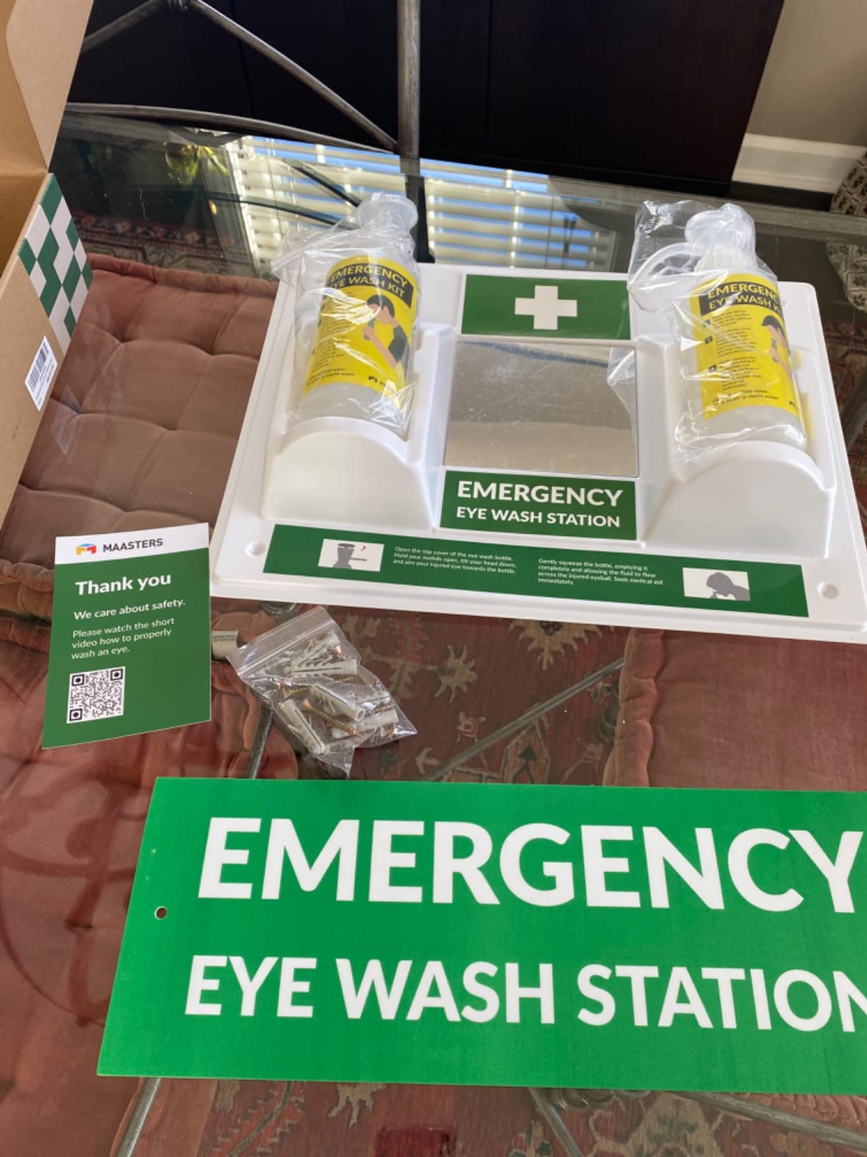 MAASTERS BPA Free Wall-Mounted Eye Wash Station with Sign - Set of 1 | OSHA, 2 empty bottles, mirror, emergency kit customer photo 2