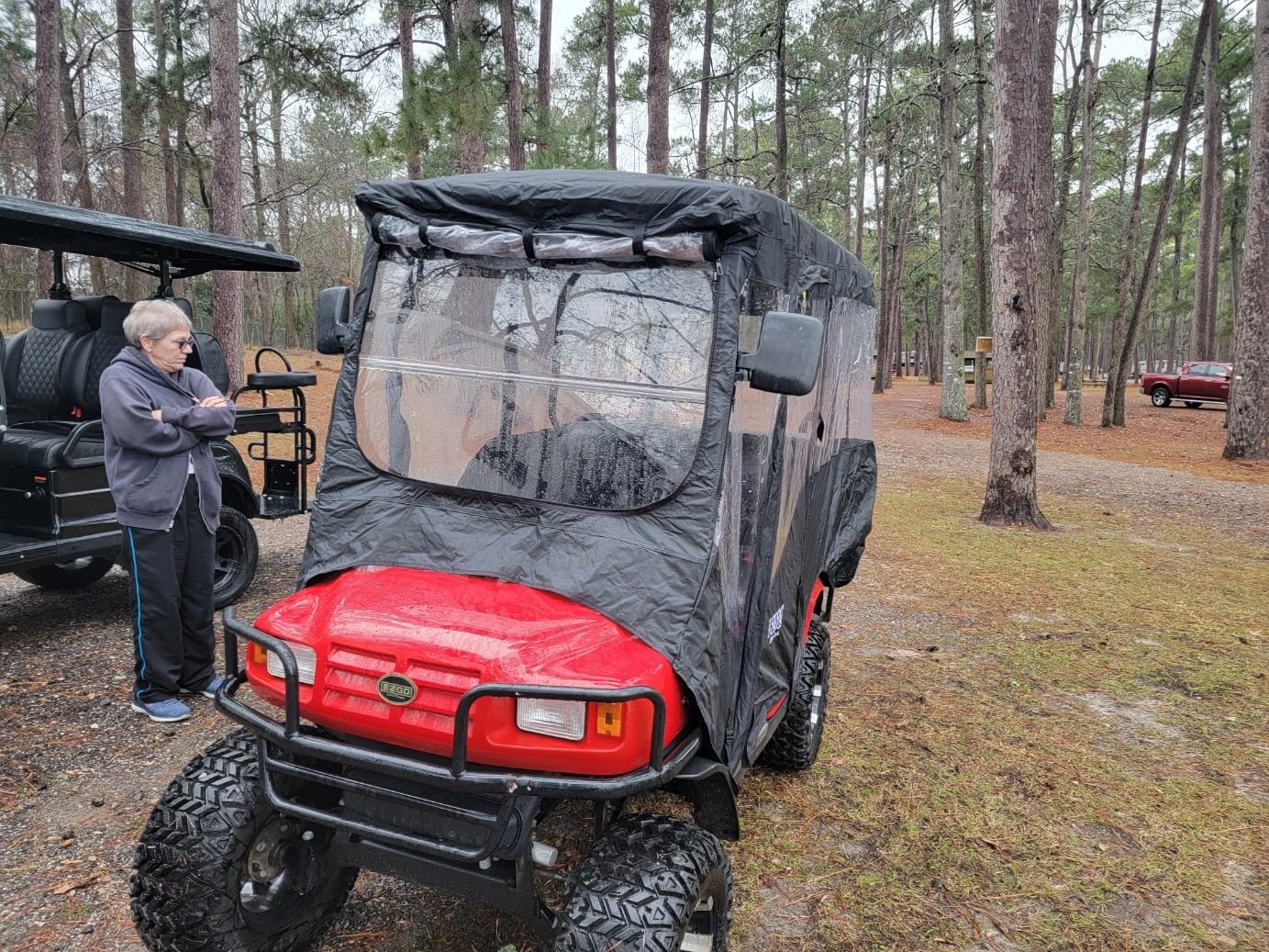 10L0L Golf Cart Driving Enclosure for 4 Passenger Club Car Precedent 94.5-Inch Extended Roof, Deluxe 600D Waterproof Windproof Heavy Duty Rain Cover with 4 Doors and Clear PVC Side Mirror Openings customer photo 2