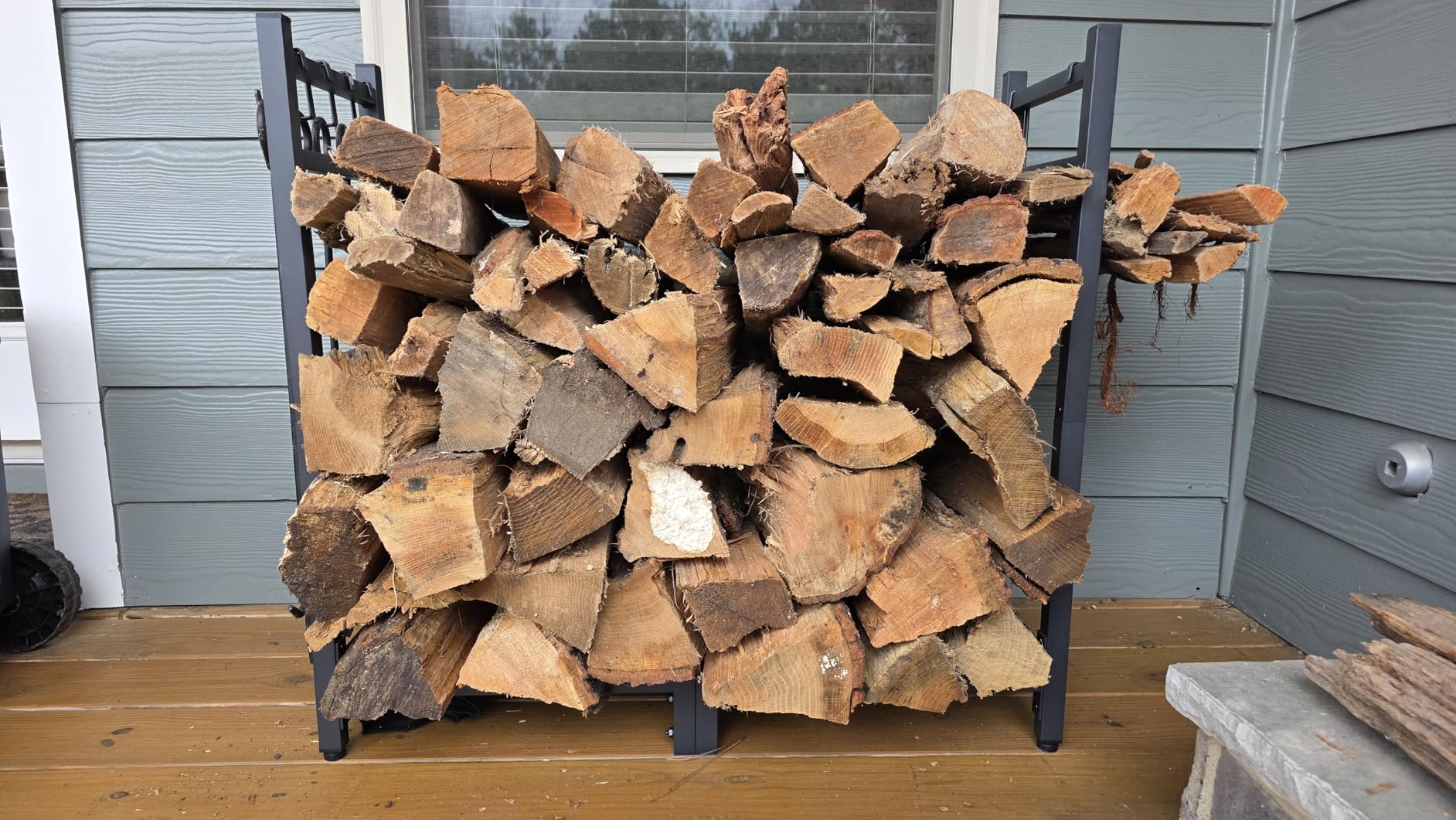 34inch Firewood Rack Indoor with Log Carrier, Outdoor Wood Rack for Firewood | Fire Wood Storage with Kindling Hooks, Adjustable Pads, Heavy Duty Logs Holder for Fireplace Deck Outdoor, Black customer photo 2
