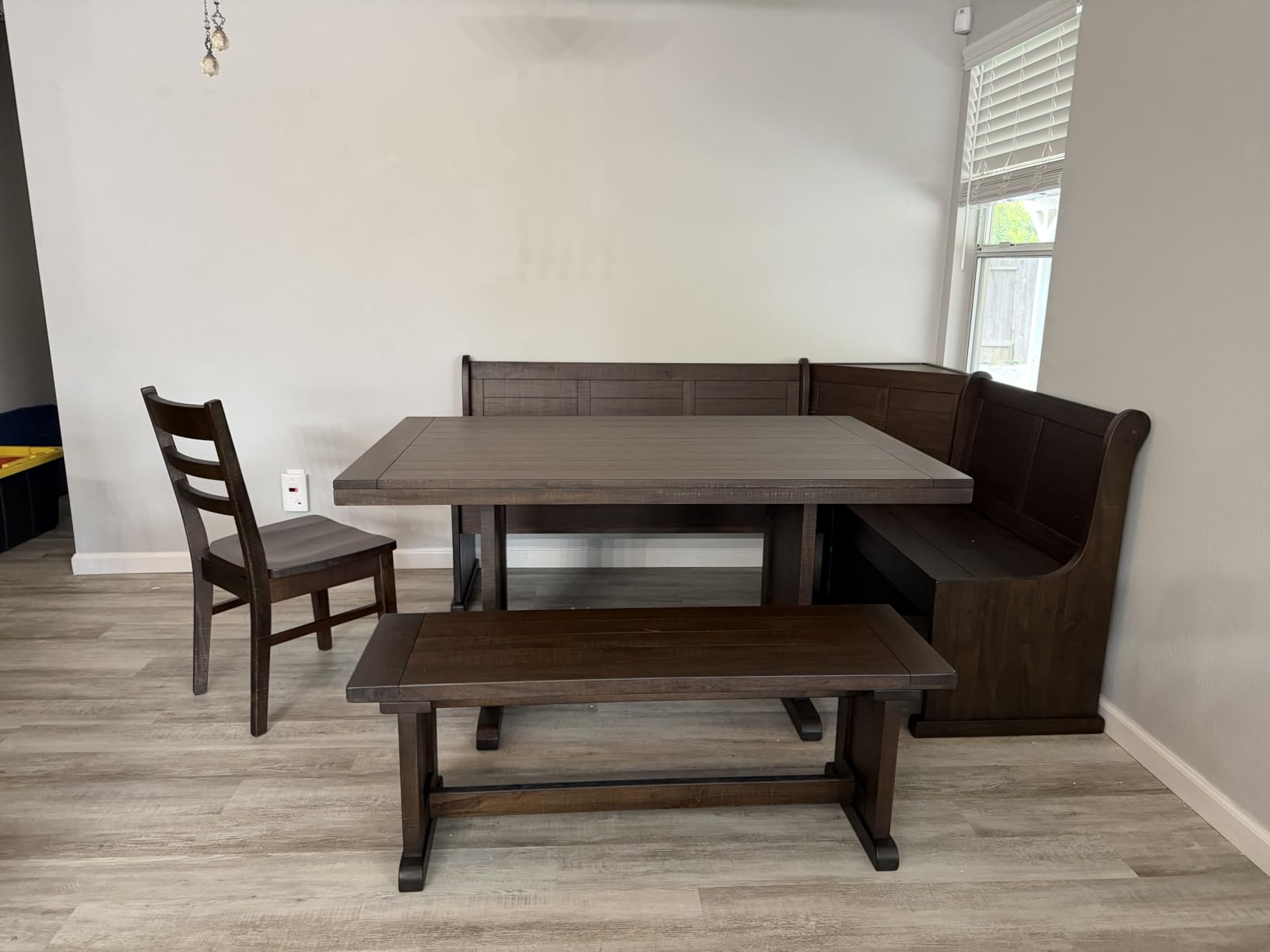 Pemberly Row Farmhouse Wood Kitchen Corner Breakfast Dining Nook Set with Table, Reversible Bench, Chair and Hidden Storage in Tobacco Leaf customer photo 2