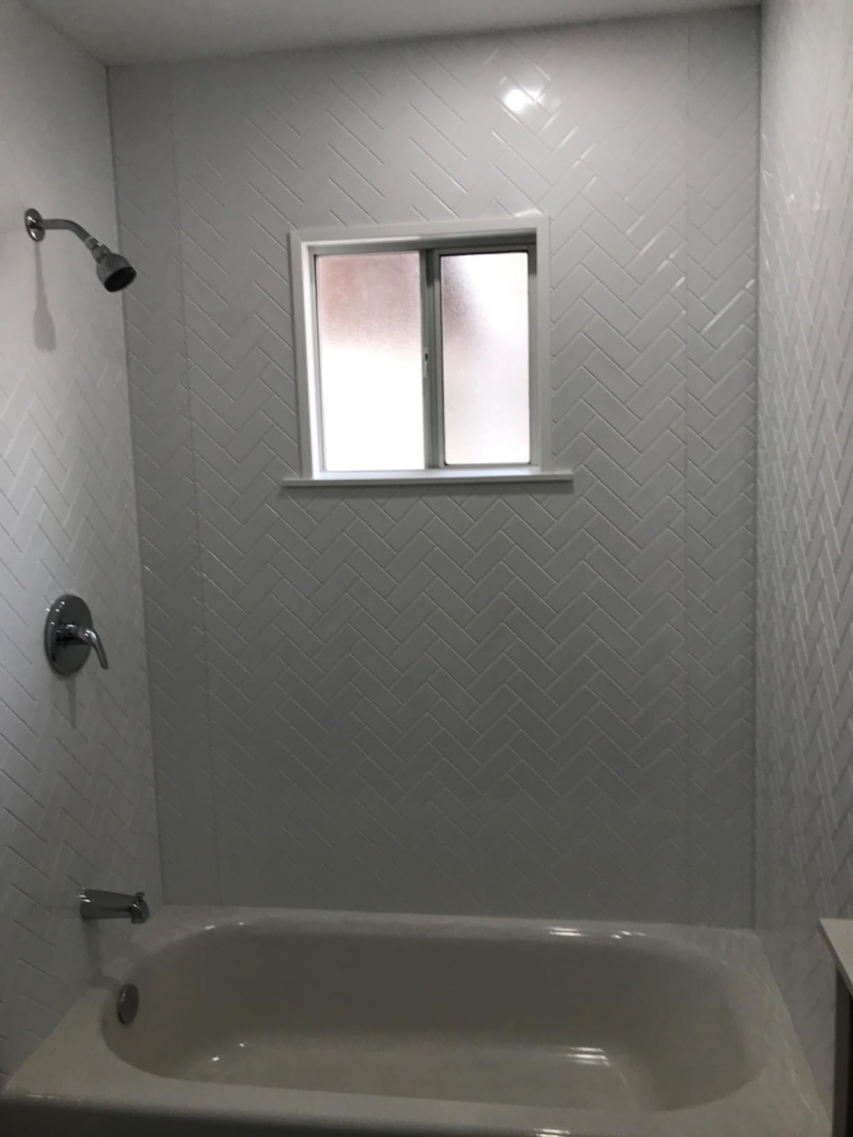From Plain To Beautiful In Hours 133-640-HERR-KIT Herringbone Tile - Tub and Shower Wall Panels Surround (Covers/ 96 sq. ft.), Marble, 1 Piece customer photo 1