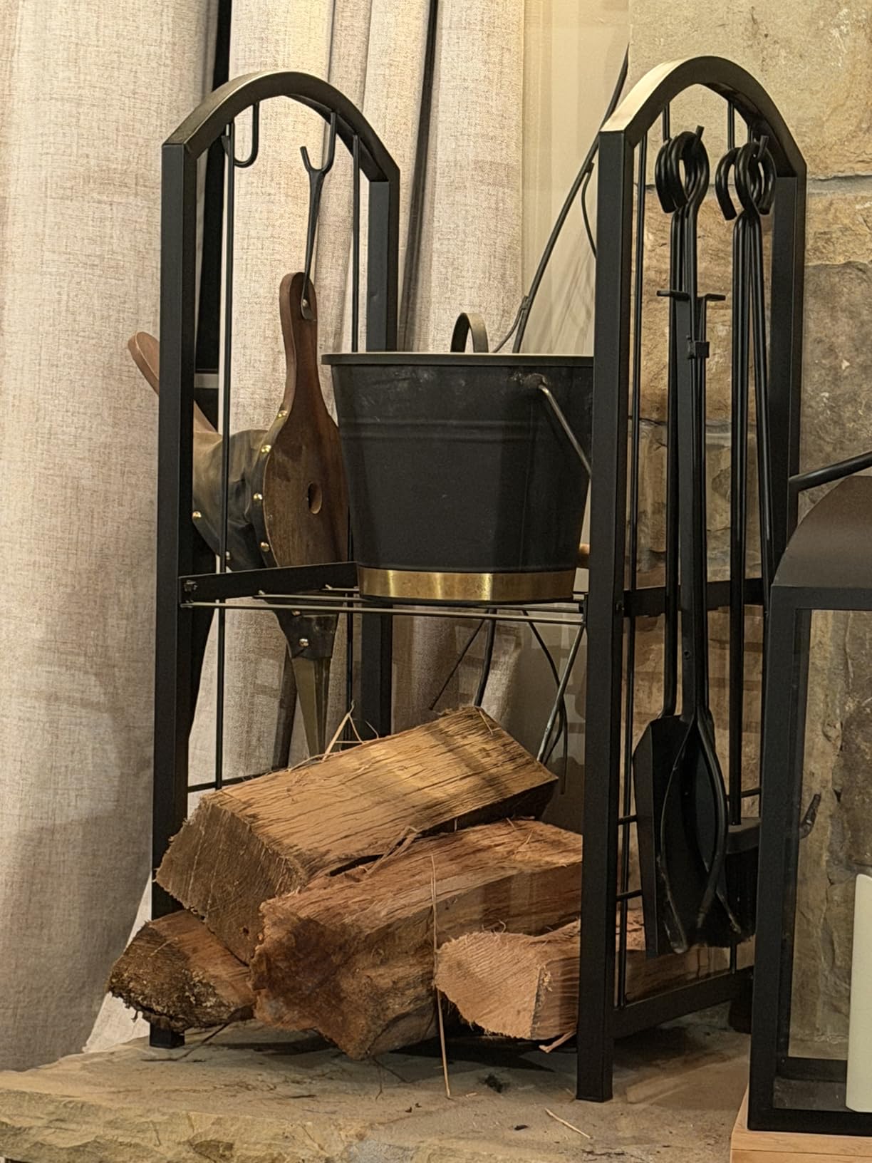 Fire Beauty Fireplace Firewood Log Rack 5-Piece Storage Logs Holder with Tools Set with 4 Tools Set Fireside Holders Wood Lumber Storage Stacking Black customer photo 2